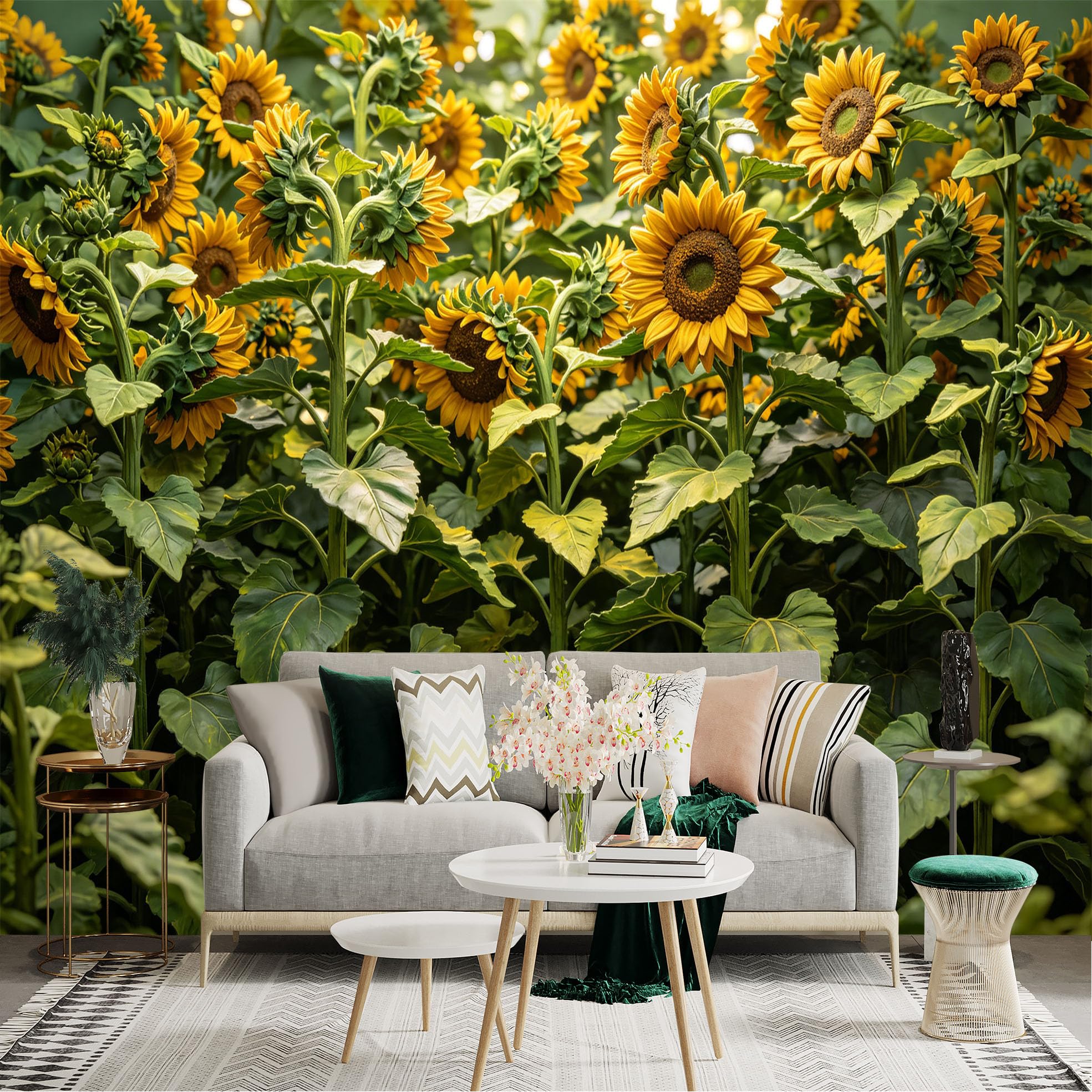 Lnzczhyre Dbh260521541 Custom Size Wall Sticker Mural， Vibrant Golden Sunflowers， Blooming Floral Field， Sunny Botanical Garden， Bright Summer Nature， For Wall Decoration， Peelandstick Wall Decals.