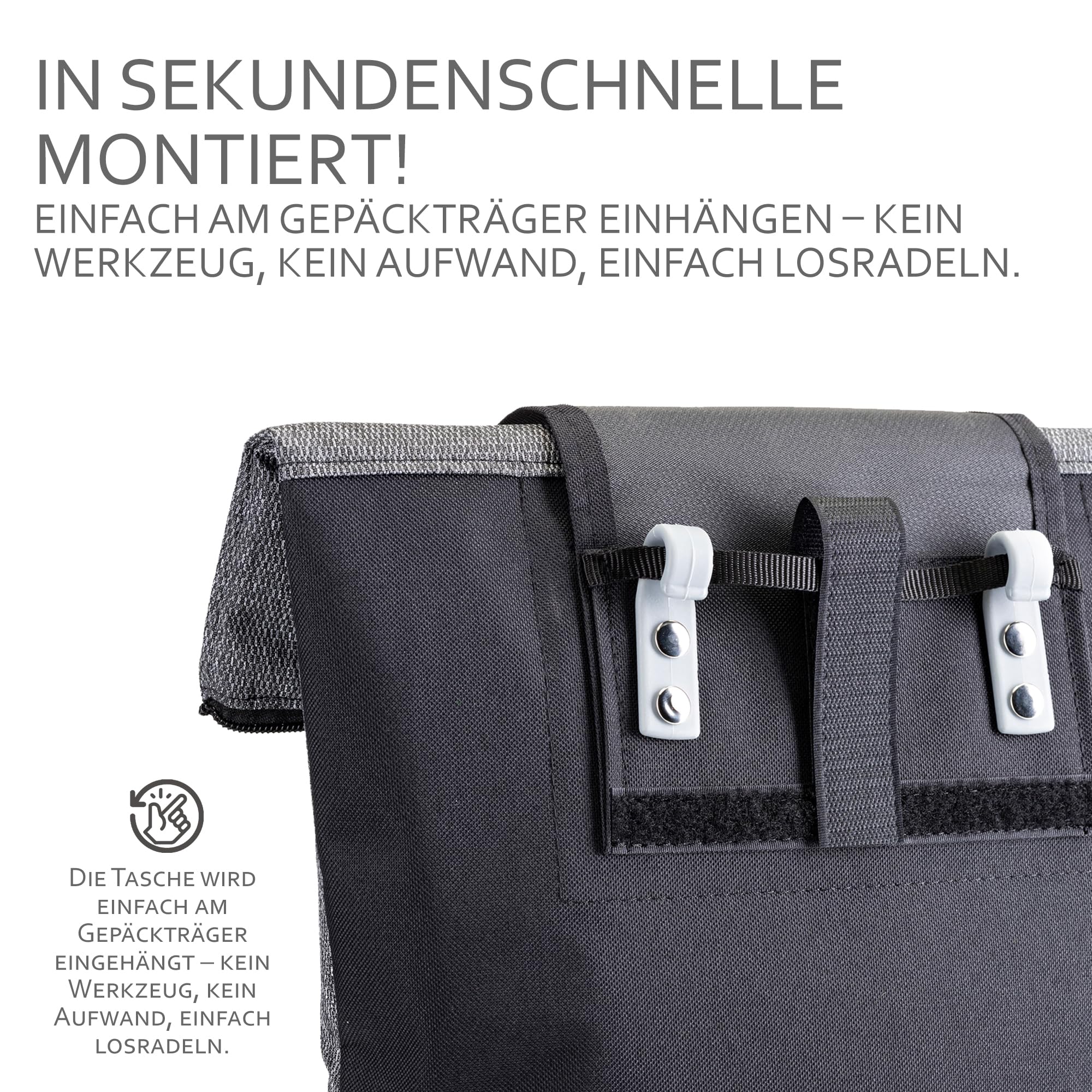 BambiniWelt Fahrradtasche mit Rucksackfunktion – Gepäckträgertasche 20 l, wasserabweisend & leicht zu befestigen, für Arbeit, Freizeit & Sport, für Fahrrad & E-Bike, Farbe: schwarz-dunkelgrau