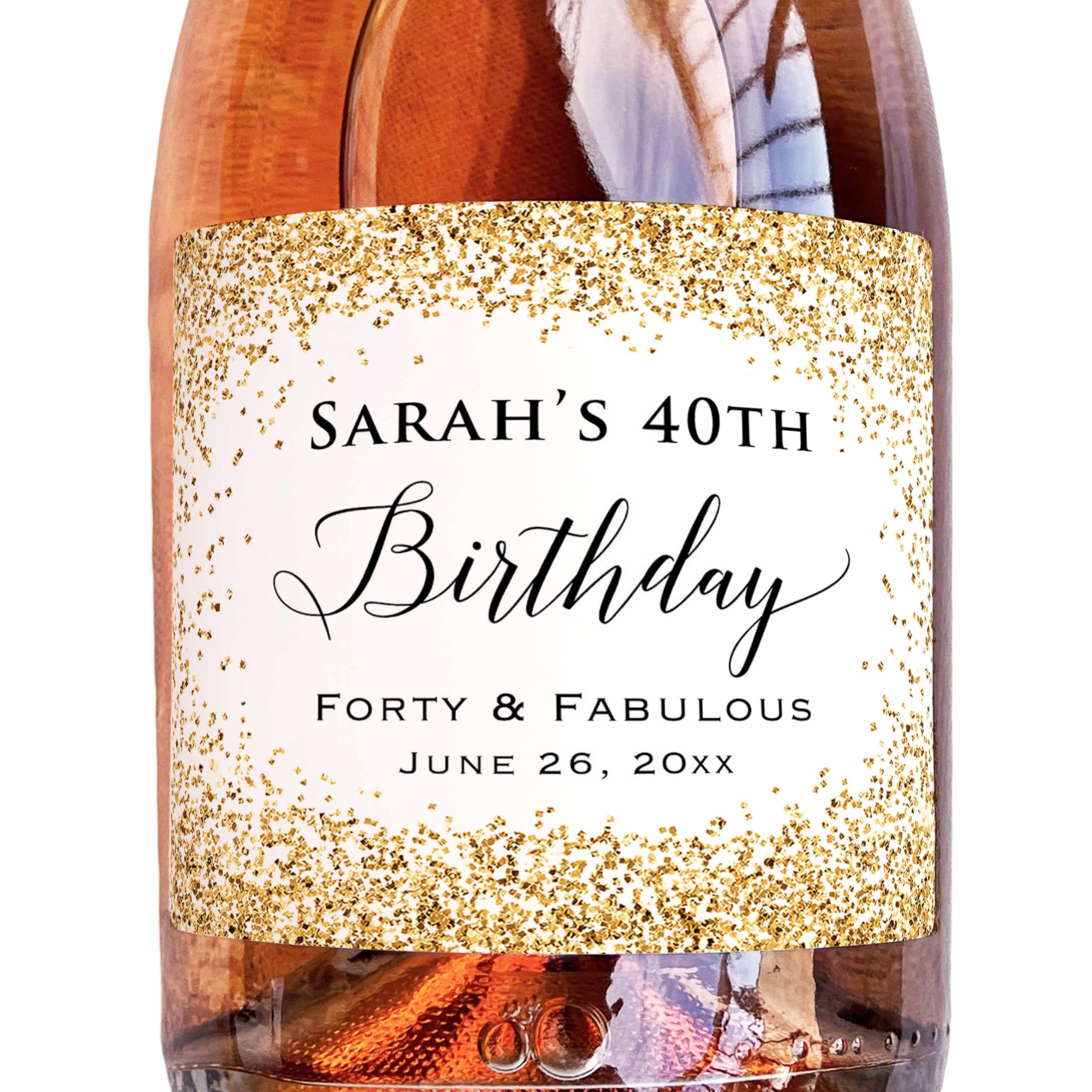 6 Custom Birthday Gold Glitter (Not Real Foil) Champagne Bottle Label, Waterproof Stickers for Birthday Celebration Party (Gold/Yellow, Champagne