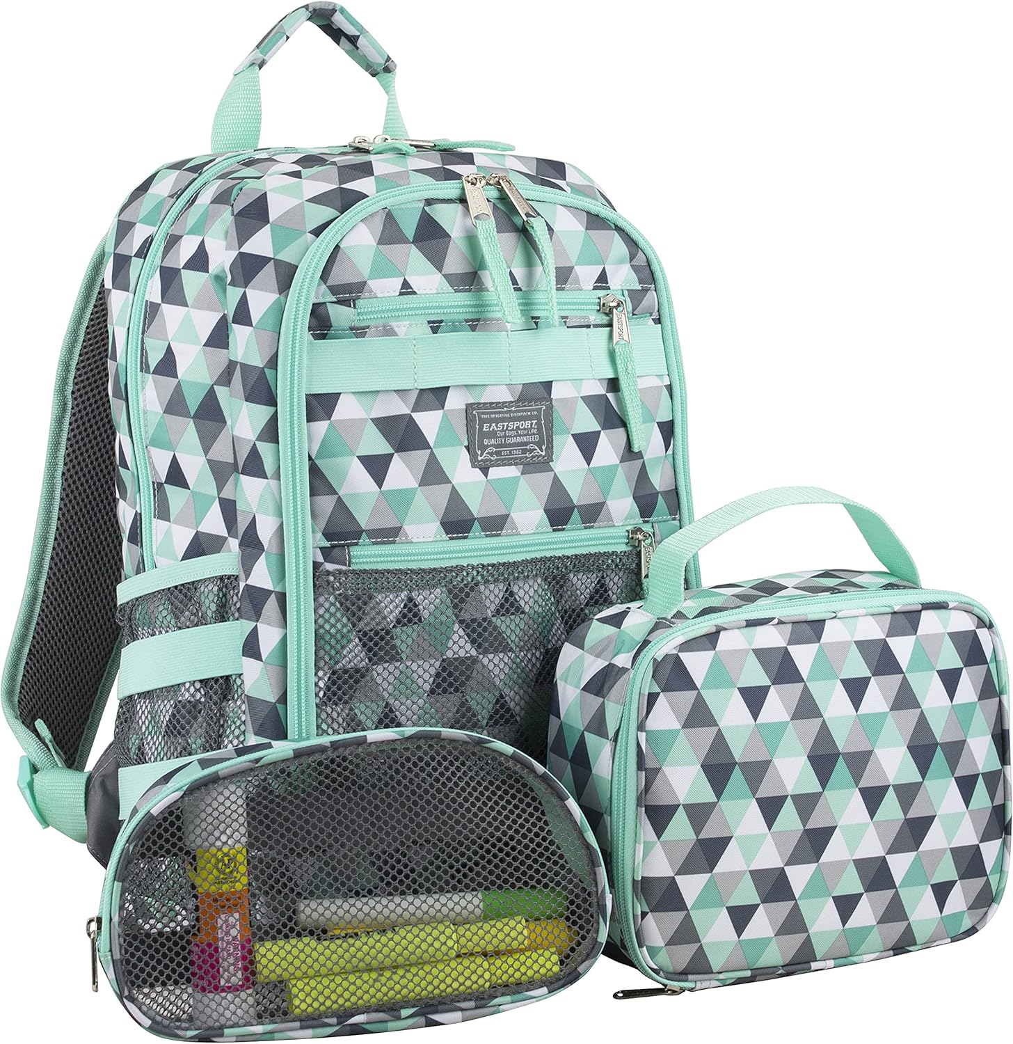 Eastsport Travel College Laptop Lunch Backpack Bookbag, Reusable Insulated Food Snack Cooler Lunchbox Set, for Work, Outdoor, Turquoise Diamonds Geometric Pastel Print