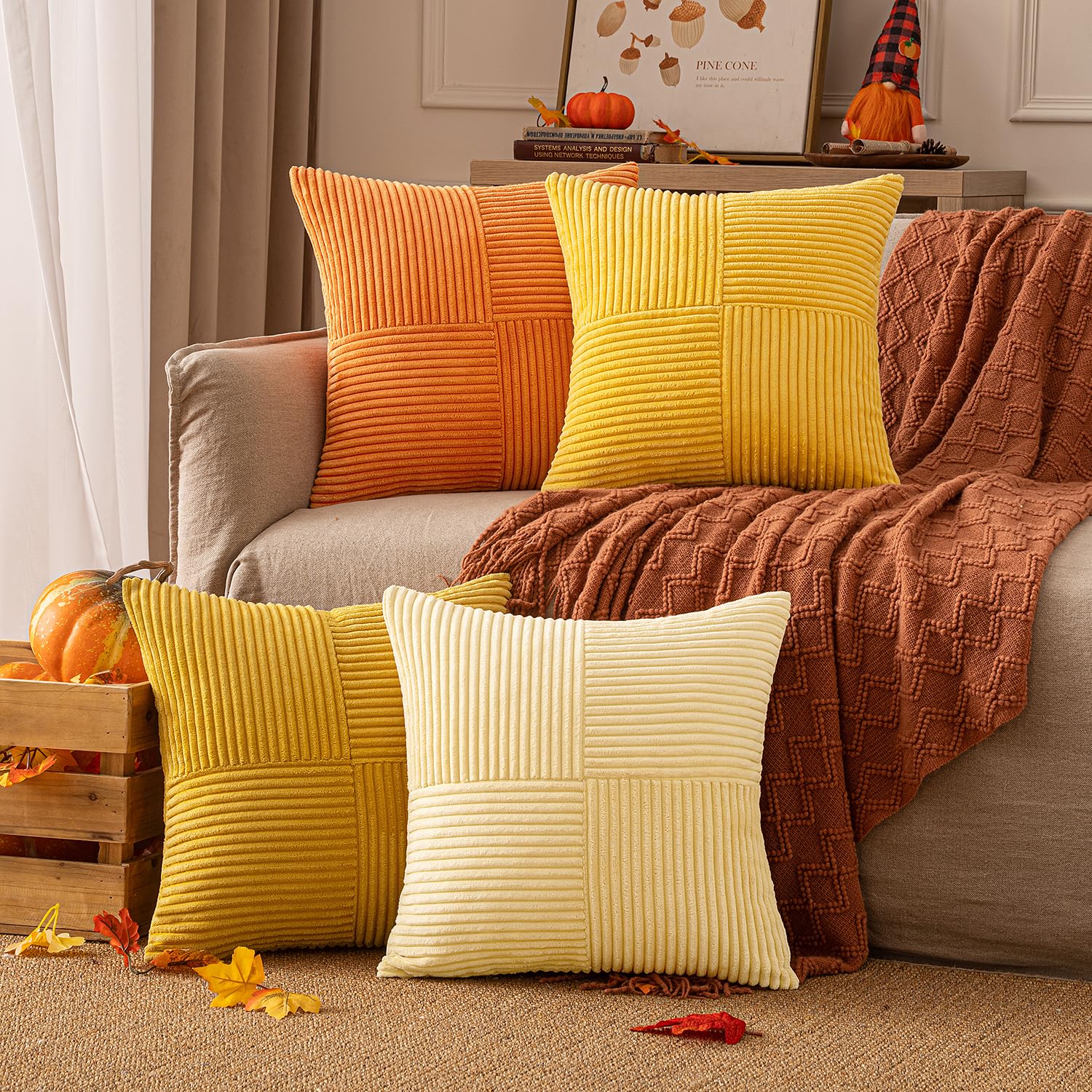 EMEMA Kissenbezug Kordsamt Herbst Kissenhülle 45x45 Orange Serie | 4er Set Zierkissenbezug Dekokissen Sofakissen Kord Dekorative Kissen für Sofa Sessel Zuhause Schlafzimmer