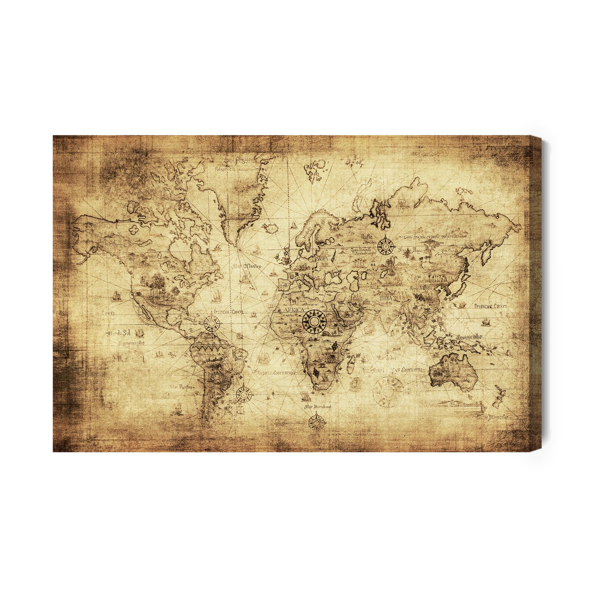 WALLERO HandArt Leinwandbild Antike Weltkarte Vintage – mit Struktur-Effekt | Kunstbilder wie handbemalte Wandbilder für Wohnzimmer Schlafzimmer Flur 40x30
