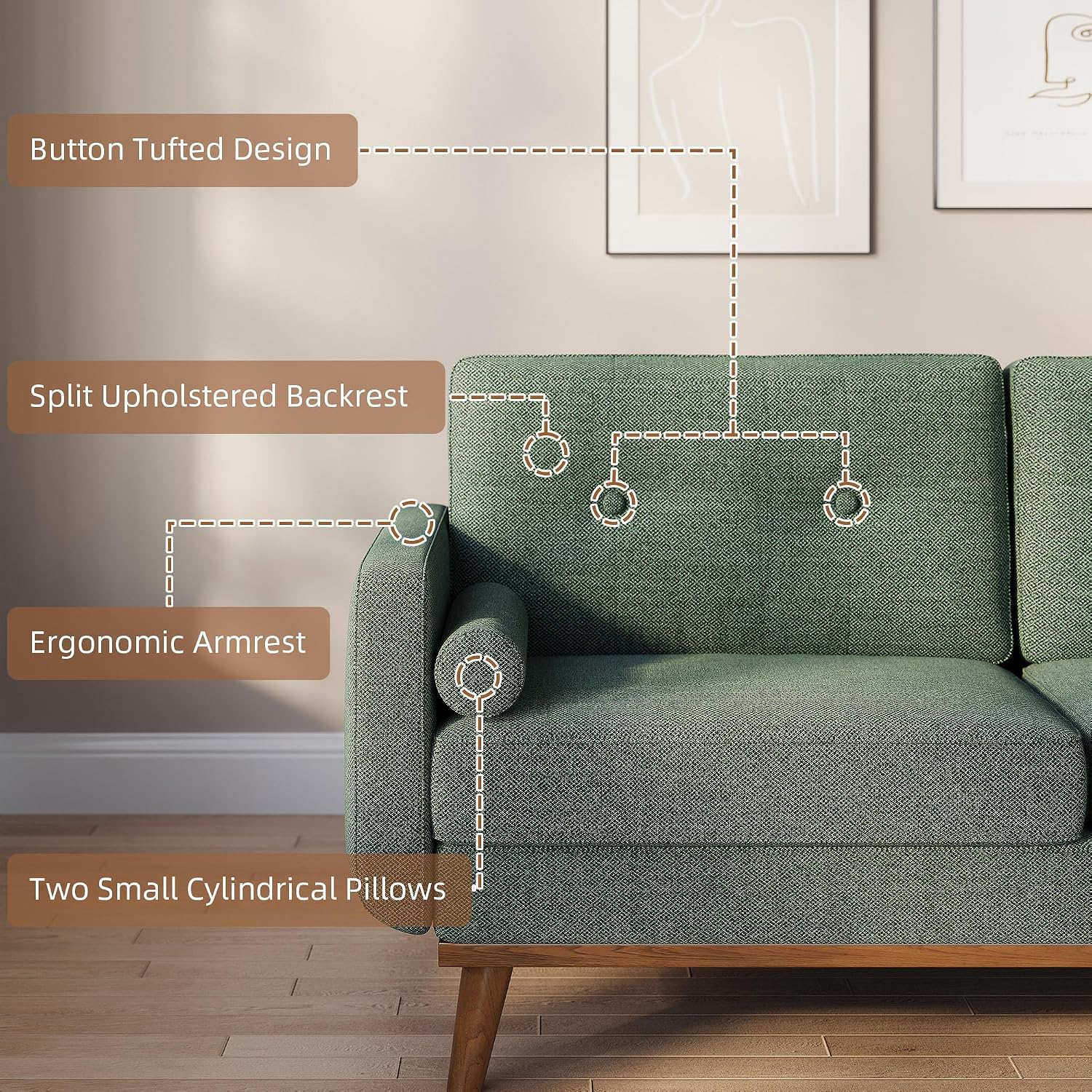 IDEALHOUSE 65" Loveseat Sofa, Mid Century Modern Love Seat Couches for Living Room, Button Tufted Sofa Couch with Wood Legs & Trim for Living Room, Bedroom, Office, Linen, Green
