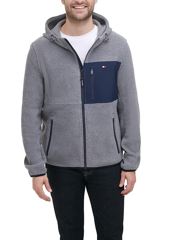 Tommy Hilfiger Men's Hooded Performance Fleece Jacket, Light Grey/Navy Mixed Media, X-Large by Tommy Hilfiger - Used condition - US$21.67