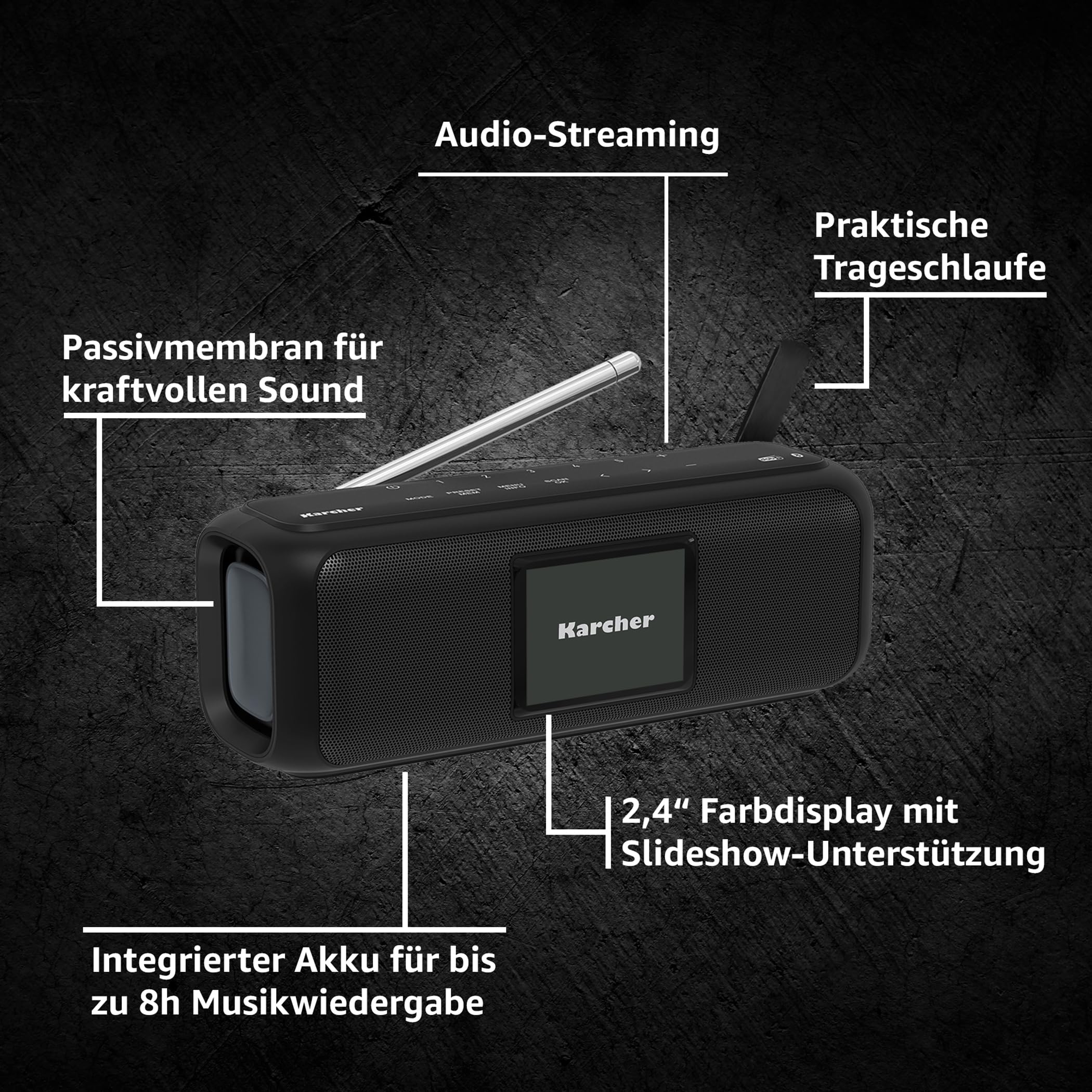 Karcher DAB Go tragbarer Bluetooth Lautsprecher & Digitalradio DAB+ / UKW Radio mit 2, 4" Farbdisplay/Wecker / 5 Watt Stereo-Sound/USB-C/Akku, Schwarz