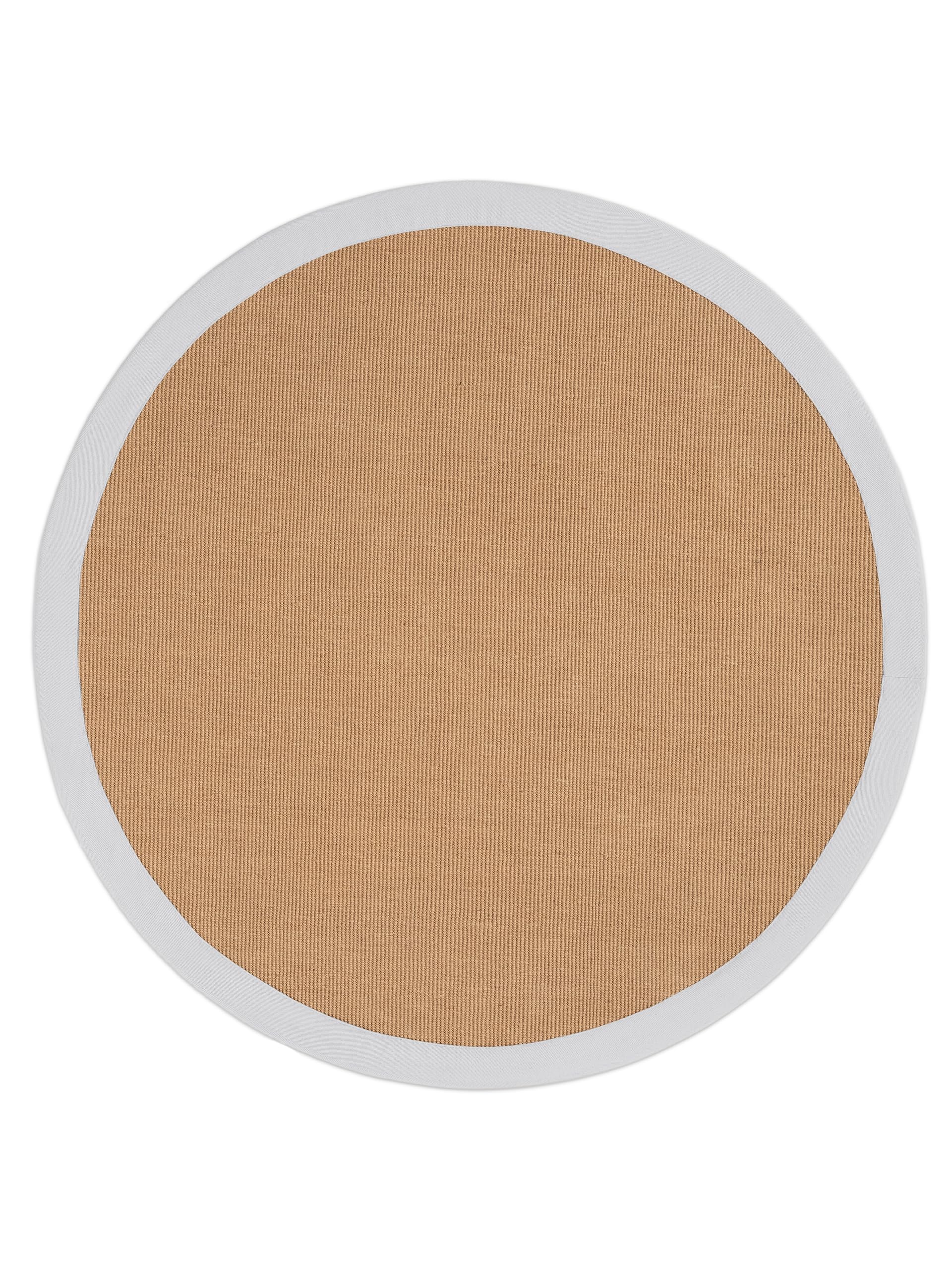 carpetfine Sisalteppich Naturfarbe Ø 160 cm handgewebt mit Bordüre aus Baumwolle in Weiß | Moderner Rutschfester Flachgewebe Teppich Uni aus Naturfasern für Wohnzimmer, Schlafzimmer