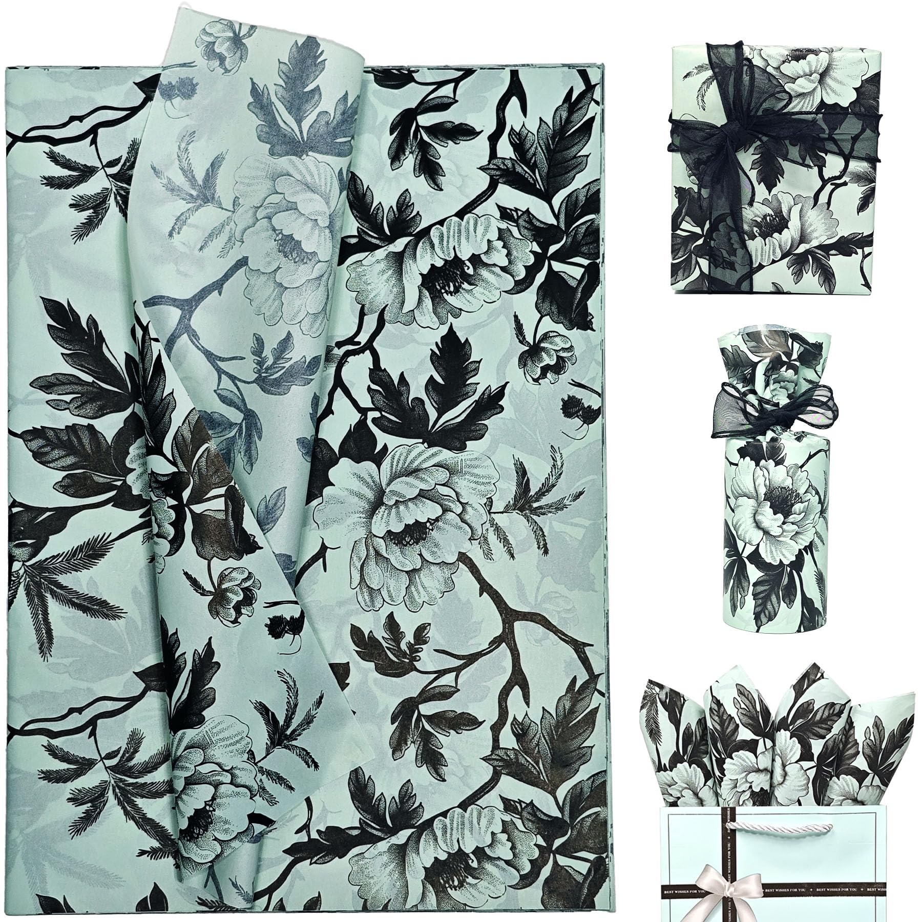 Decorative Floral Gift Wrapping Tissue Paper, Mint Green with Black Peonies, Vintage Flower Tissue Paper for Gift Bag Crafts, Packaging Filler for Birthday, Wedding, Bouquet, 15 Sheets, 20 x 30 inches