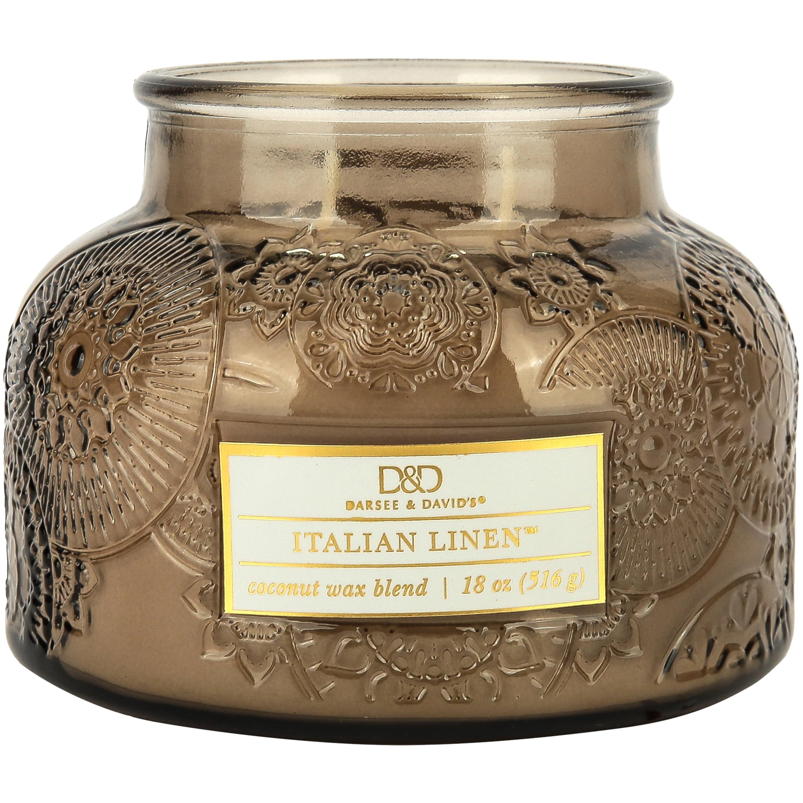 MardelItalian Linen Embossed Candle Jar(18 oz) - Refreshing aroma of Pressed cotton, green vine & citrus - Large Dual Wick Glass Jar Candle for Relaxing - Calming Bright & Crisp Citrus Candle Gift for Women