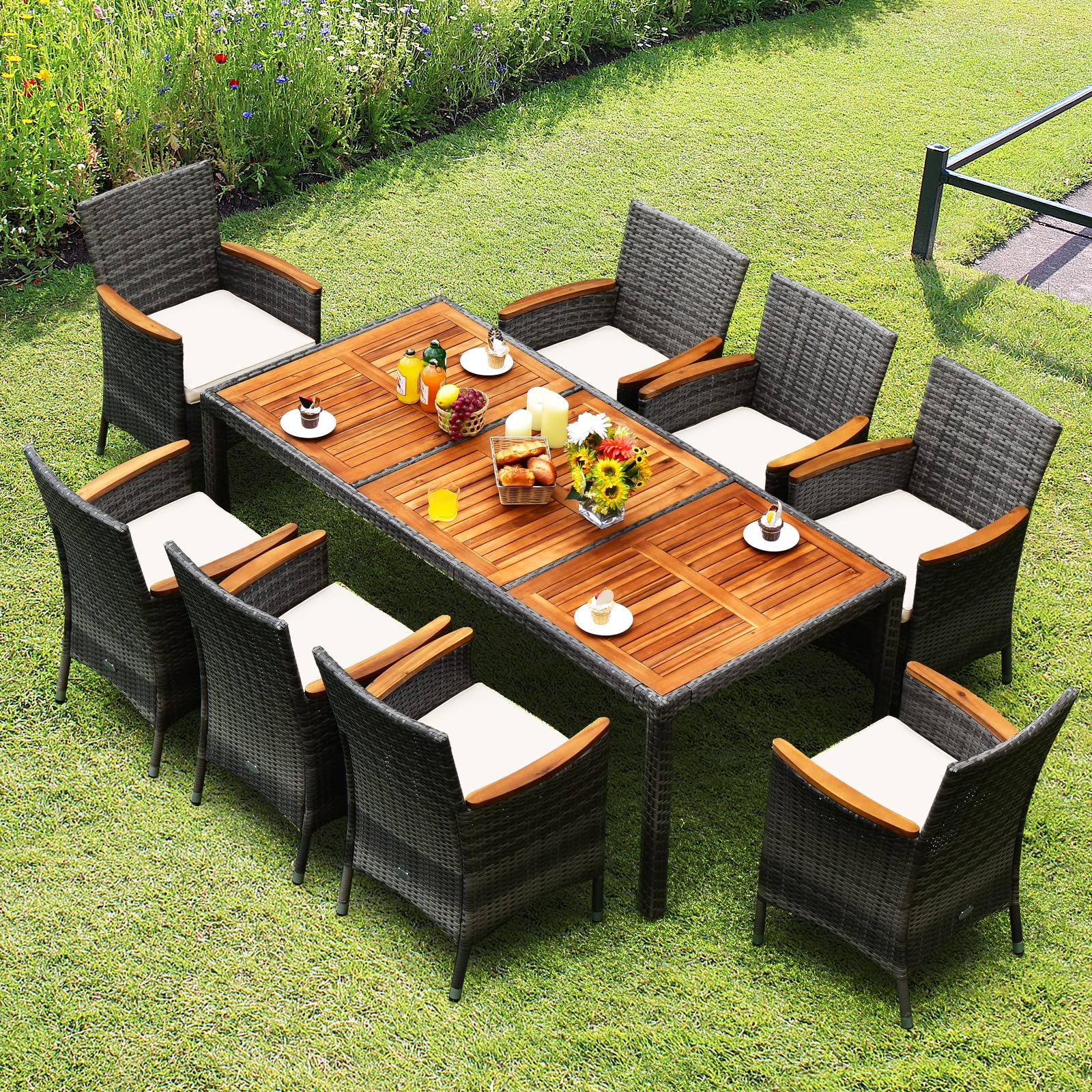 GIANTEX Rattan Gartenmöbel Set, Sitzgruppe Garten Lounge 8 Stühle mit Tisch, Rattan Lounge Möbel Outdoor, Terrassenmöbel Balkonmöbel Set für 8 Personen, Gartengarnitur Sitzgarnitur Garten Essgruppe