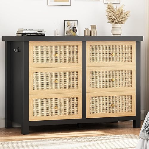 Rattan Dresser for Bedroom with 6 Drawers - 47'' Bohemian Chest of Large Drawers with Metal Handle, Large Storage Wood Bedroom Dresser for Living Room, Enterway, Hallway (Black and Natural)