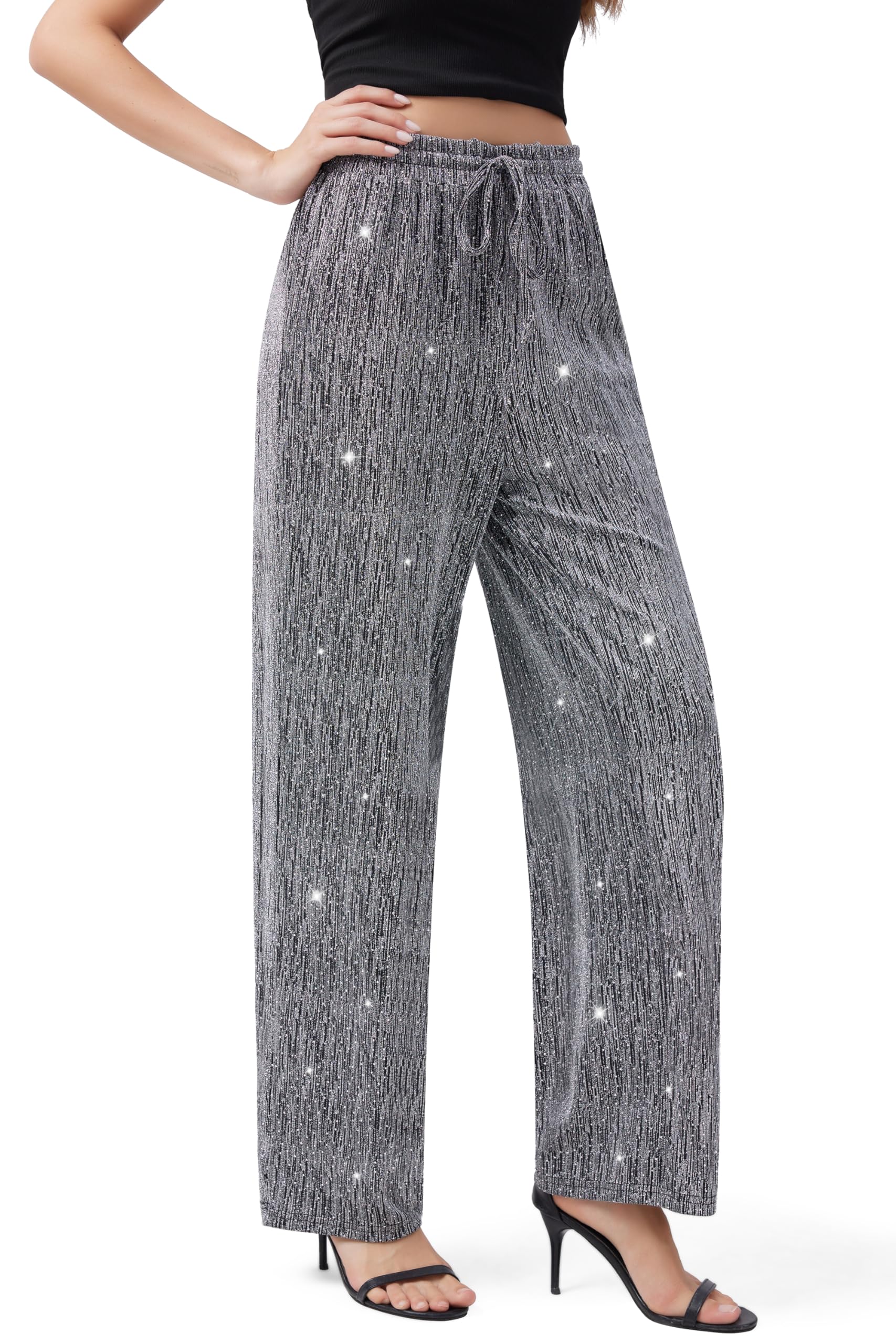 PEIQI Women High Elastic Waist Wide Leg Palazzo Pants Bling Glitter Casual Loose Long Sparkle Pant Trouser