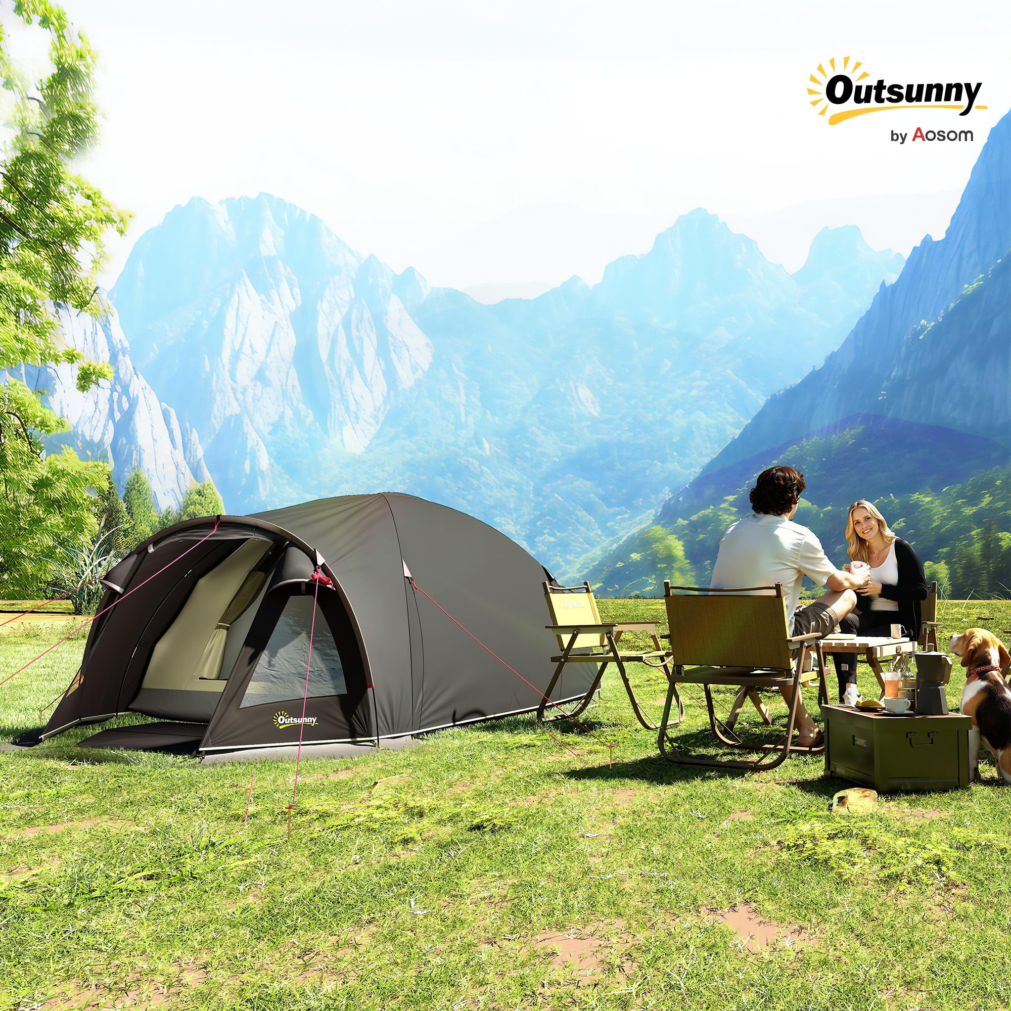 Outsunny Tenda da Campeggio a Tunnel per 2 Persone 2 Stanze Impermeabile 3000mm 330x190x120 cm Nero
