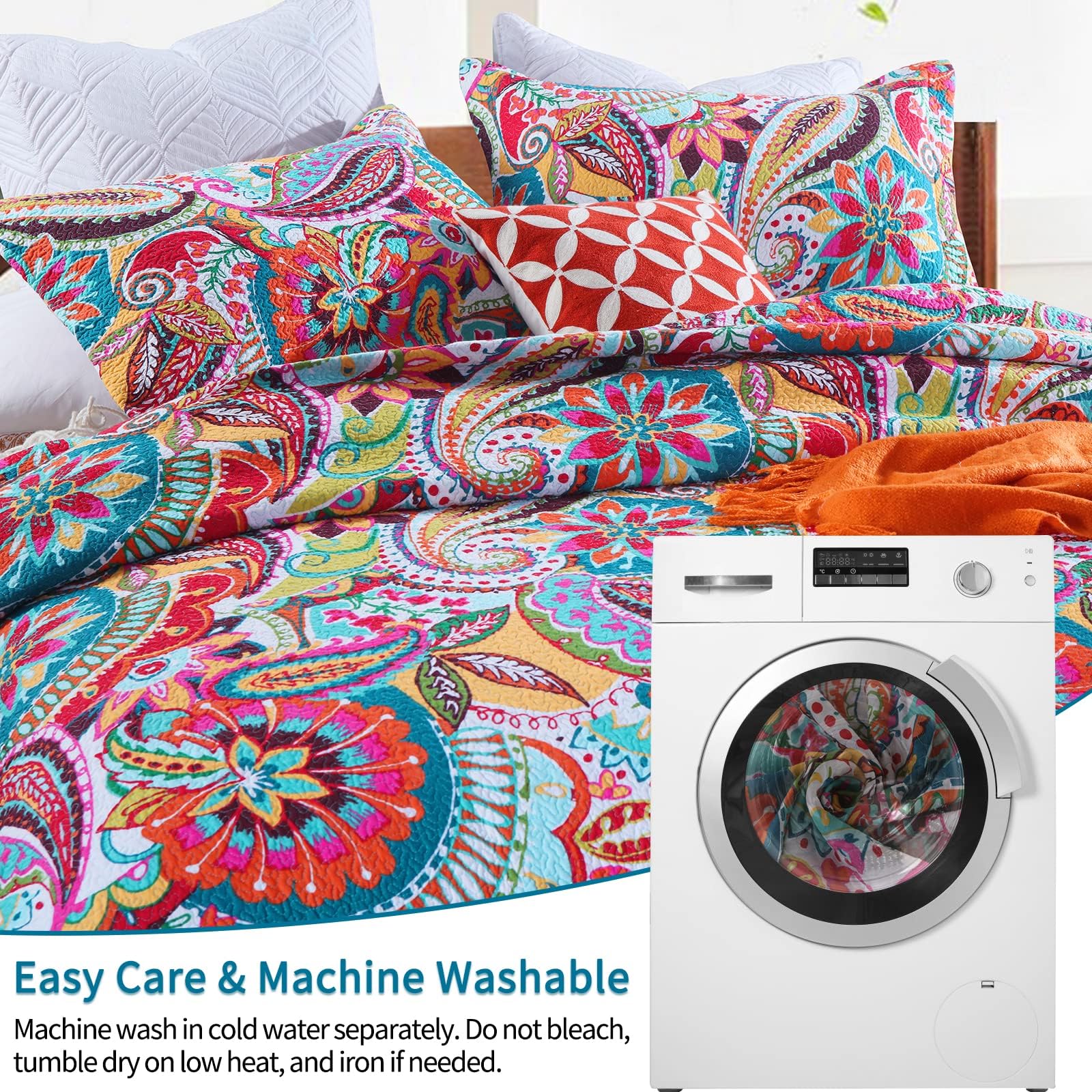 Qucover Copriletto Matrimoniale Estivo in Cotone, Trapuntino Boho 250x270cm, Colorato Copriletti Trapuntato con Due Federe con Motivo Paisley Fantasia