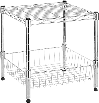 Whitmor 2-Wire Shelving Unit, Metal Storage Shelves, Stacking Shelf with Basket, Easy Assembly Home Organizer for Pantry, Kitchen, Garage, Plant
