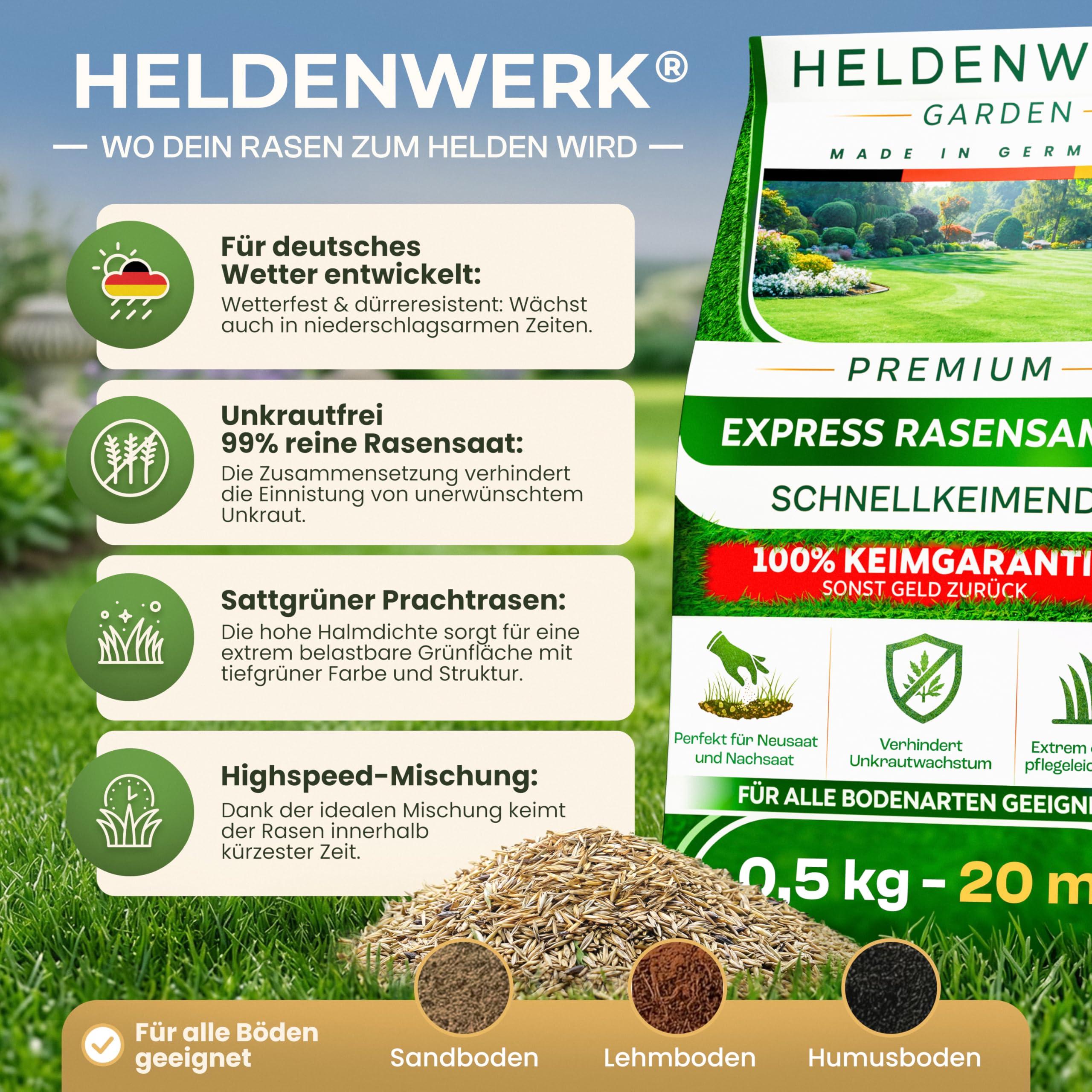 HELDENWERK® Nasiona trawnika, szybko kiełkujące, 0,5 kg/20 m², 100% kiełkowania, na niemiecką pogodę, nasiona trawy do dodatkowego siewu i nowego siewu, do uprawiania sportu i zabawy