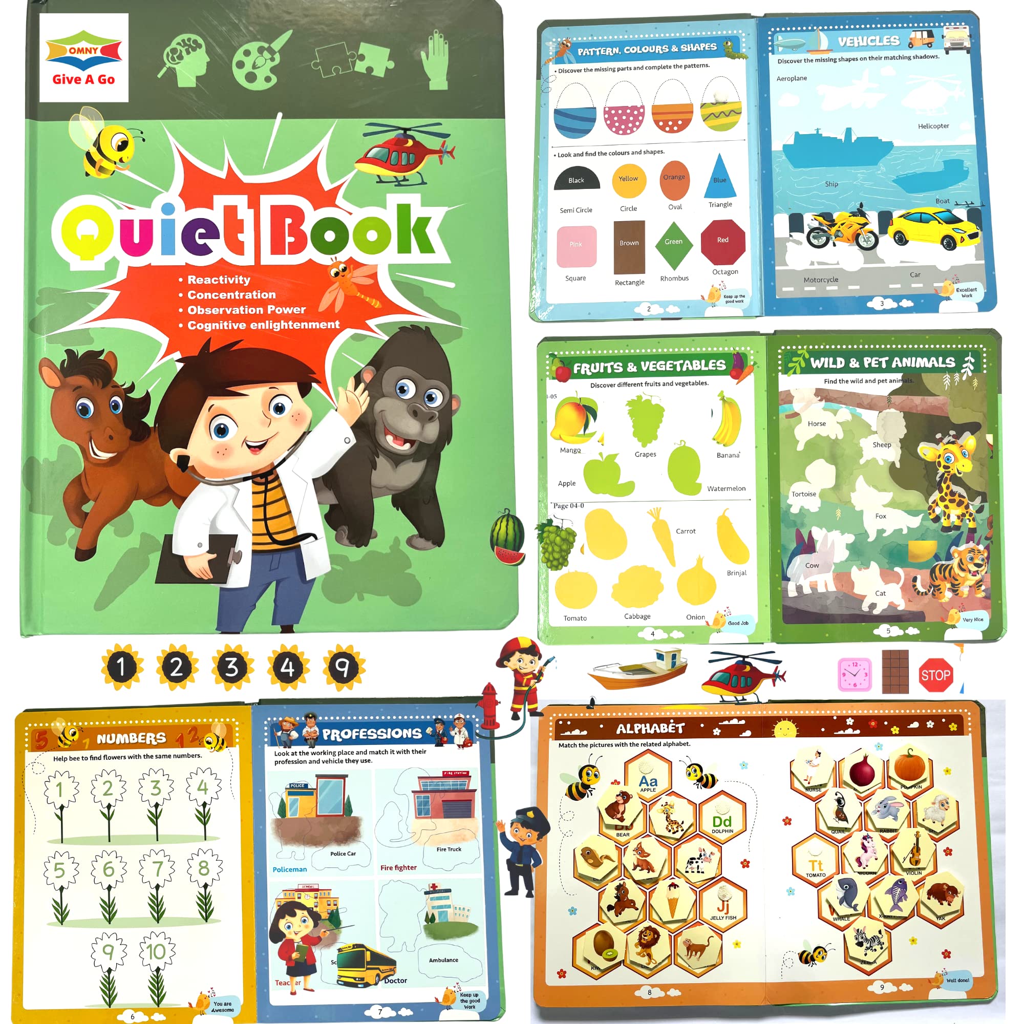 OMNY 10 in 1 Quiet Book | Montessori Busy Book for Toddler Activities | Preschool Busy Book for Early Education | 2 - 4 years | DIY Craft Book | kindergarten Essential Concepts for 2,3 and 4 years | Interactive Activity Learning Binder for play way learning | Home School fun Book, 70+ Cutouts | Stick and Unstick velcro Book