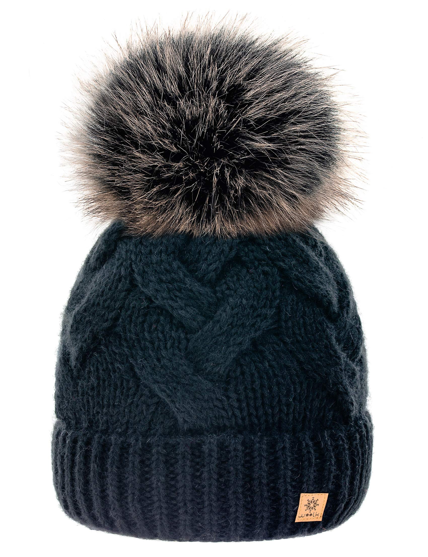 Mfaz Morefaz Ltd Women's Kama Black Winter Hat Mohair Wool Beanie Hat Worm Knitted Hats Fleece Pom Pom (Kama Black)