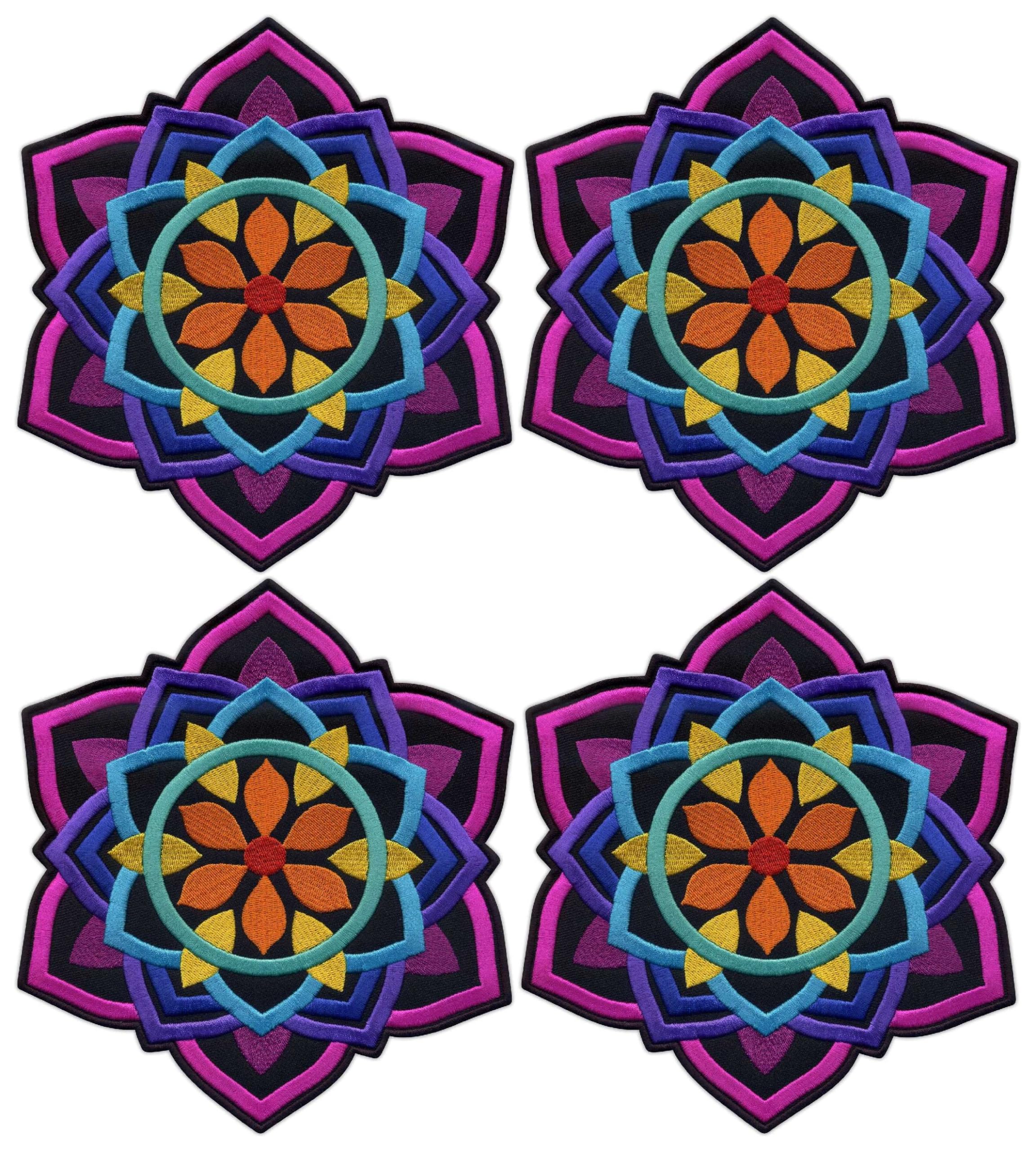 Set of Four - Mandala - Black Big 8" - Back Patch - Iron-on/Heat Seal Backing - Embroidered Patch/Badge/Emblem