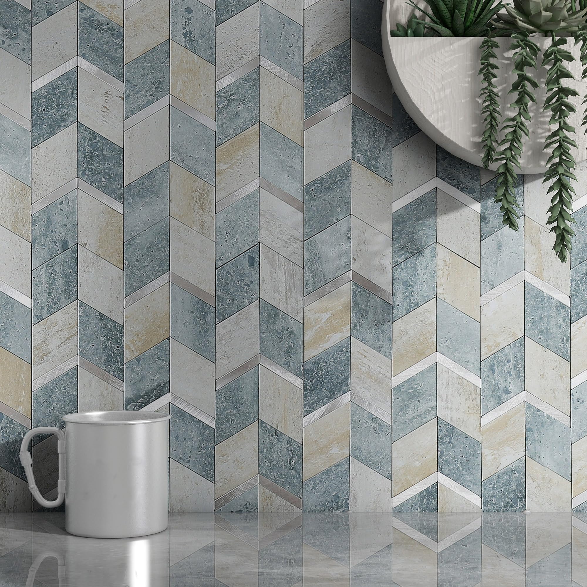 Panneau mural 3D MOFIT bleu vert gris 5 feuilles autocollantes