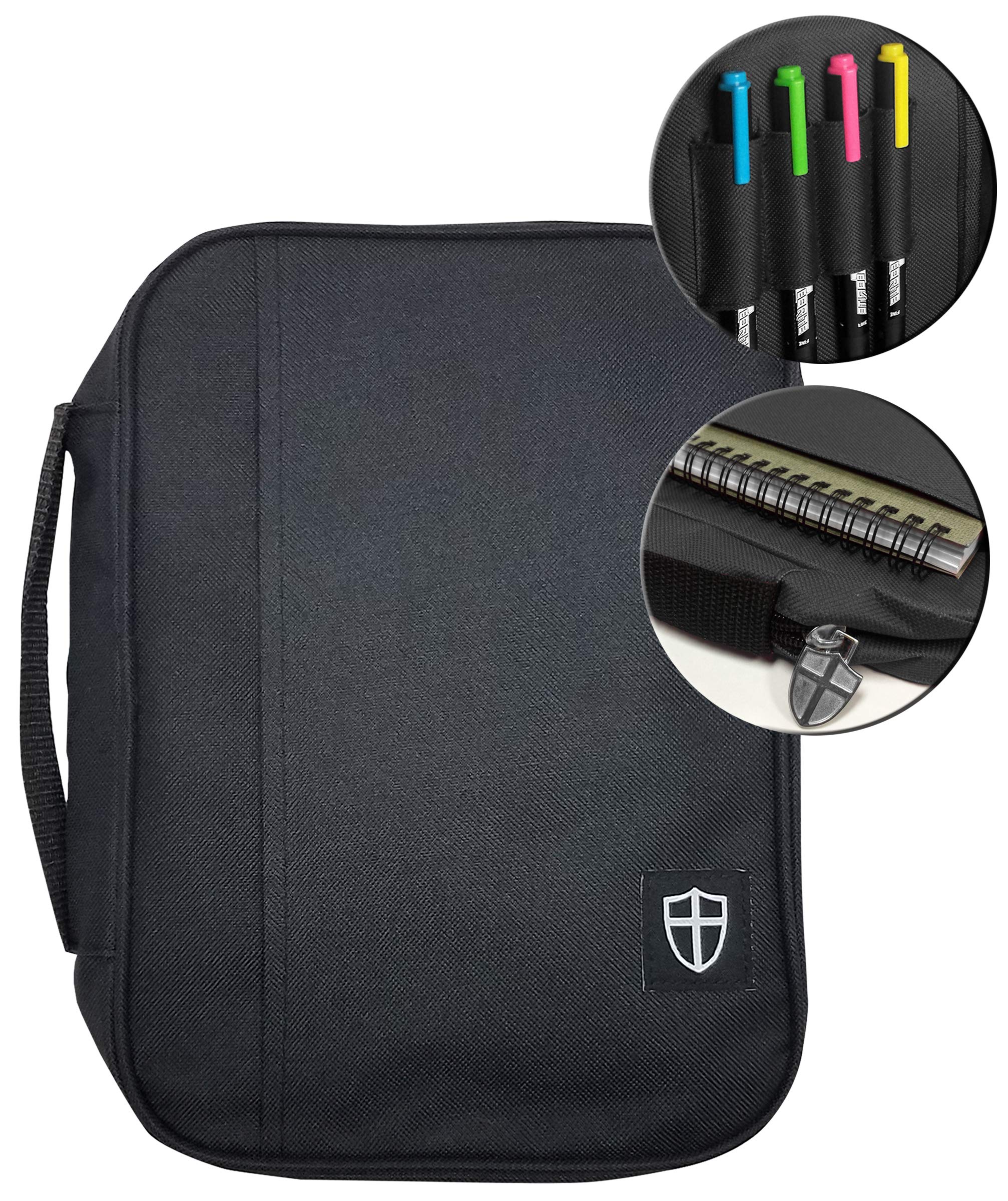 Armor of God Bible Cover & Book Cover | Oxford Cloth with Handle & Cross Emblem Zipper-Pull | 4 Pen Loops Inside Cover | Outside Pocket | Black &