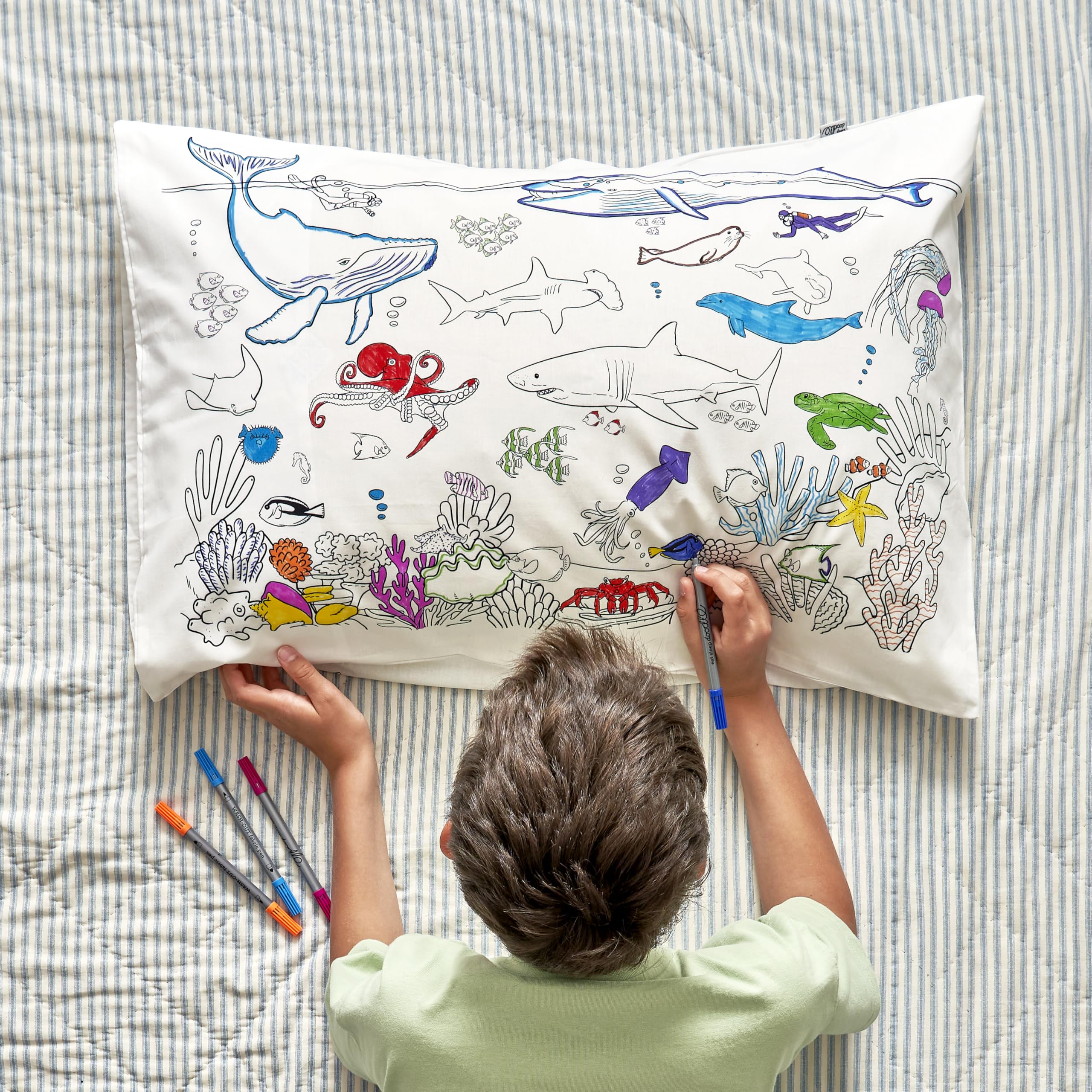 Eatsleepdoodle Under The Sea Colouring Pillowcase For Kids W/ 10Pk Washable Markers - 75X50cm Kids Colouring Pillowcase - Ultra Washable & Reusable Arts And Crafts