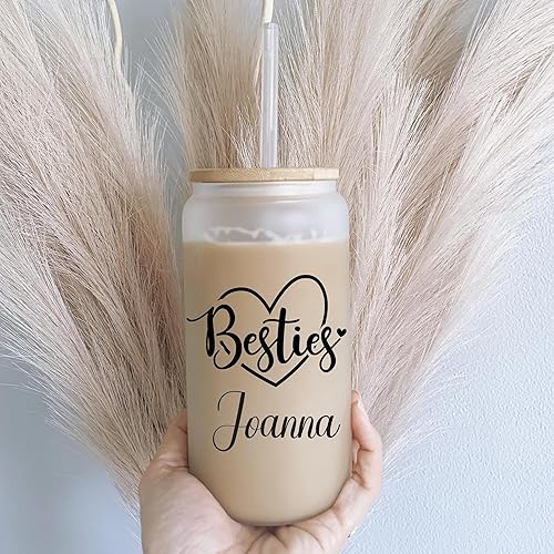 Miniatura 10 de Vaso de vidrio personalizado con popote y tapa, regalos con monograma para mujeres, taza de vidrio personalizada de 16 onzas, tazas de café helado