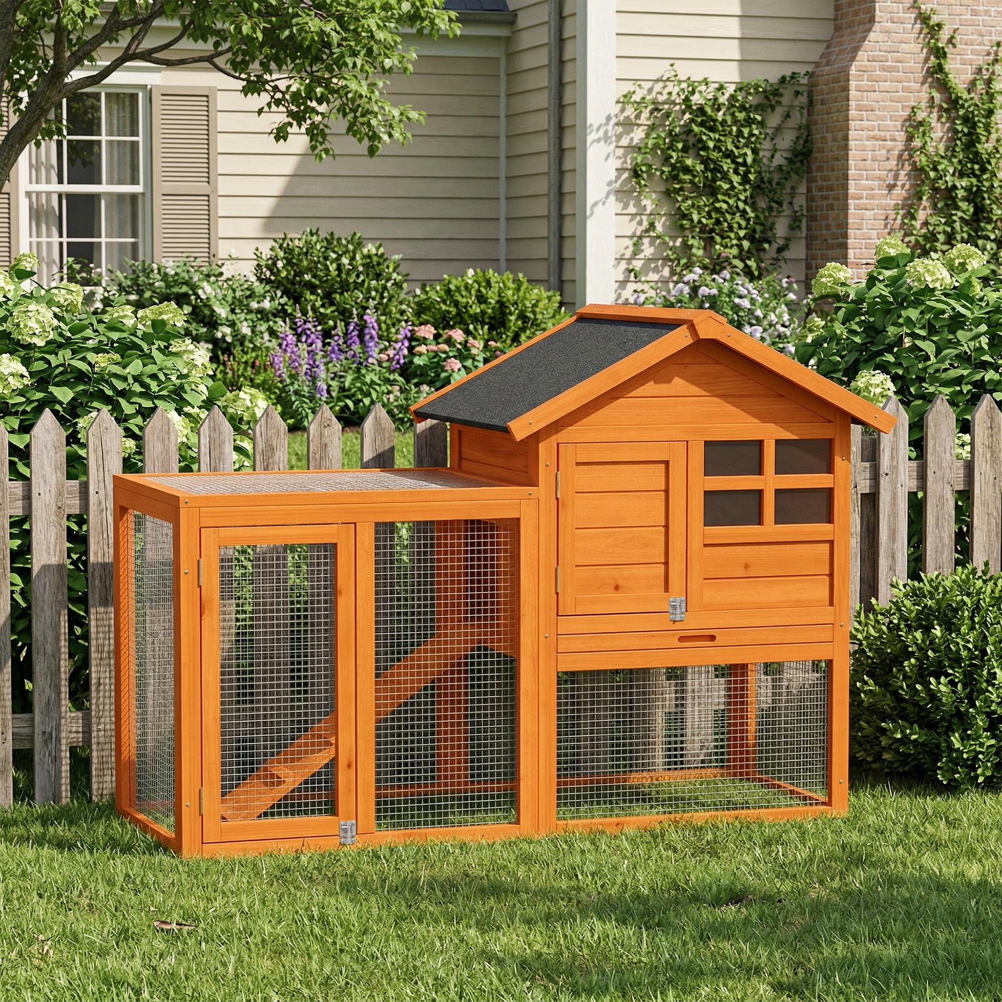 PawHut Conejera de madera de 2 niveles, 123,5 x 62,6 x 92,5 cm, con tejado de betún impermeable, rampa, puerta, jaula para conejos, pollos, patos, exteriores, color naranja