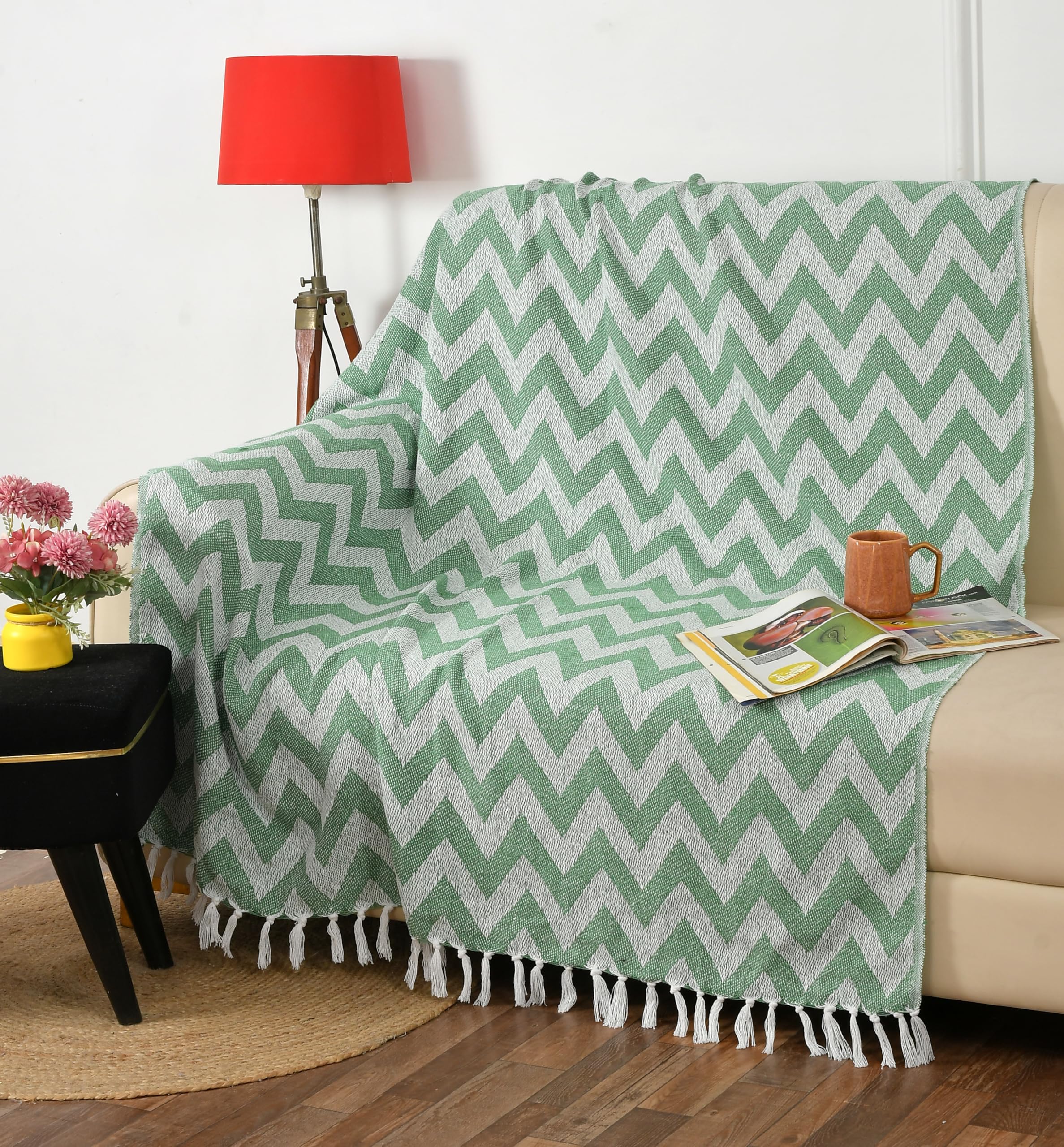 handloom cotton throw for sofa & bed | soft lightweight boho blanket | decorative all-season 100% cotton sofa throw – 52x67 inch (white & green)
