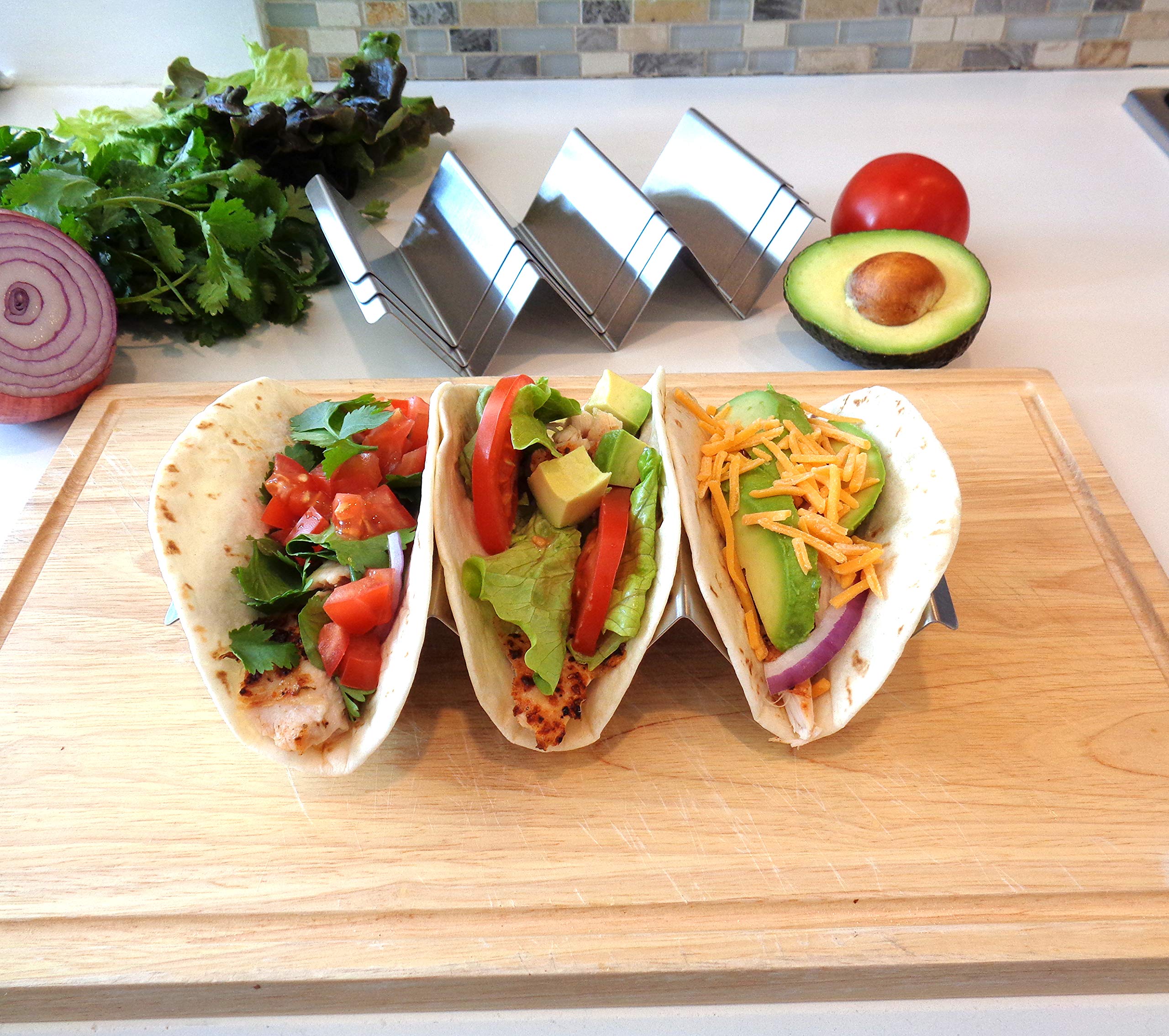 2 Supports à Tacos En Acier Inoxydable QINGZY - Forme En U, Poignées, Capacité 4 Tacos Chacun, Pour Tacos, Burritos, Hot-dogs, Résistant Au Four Et Lave-vaisselle