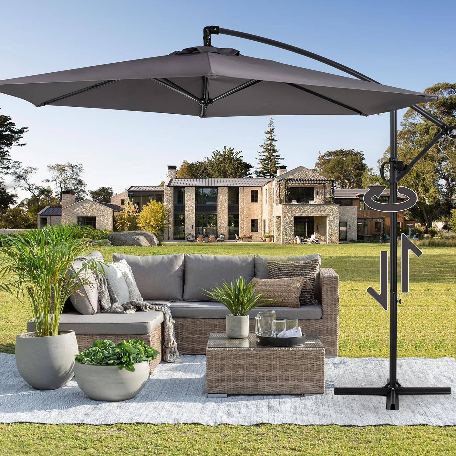 Cantilever Umbrella Patio Outdoor, Offset Hanging Patio Umbrella with Easy Lift & Tilt Adjustment, Crank and Cross Base, UV Protection Fade Resistant for Deck, Pool, Garden, Dark Gray