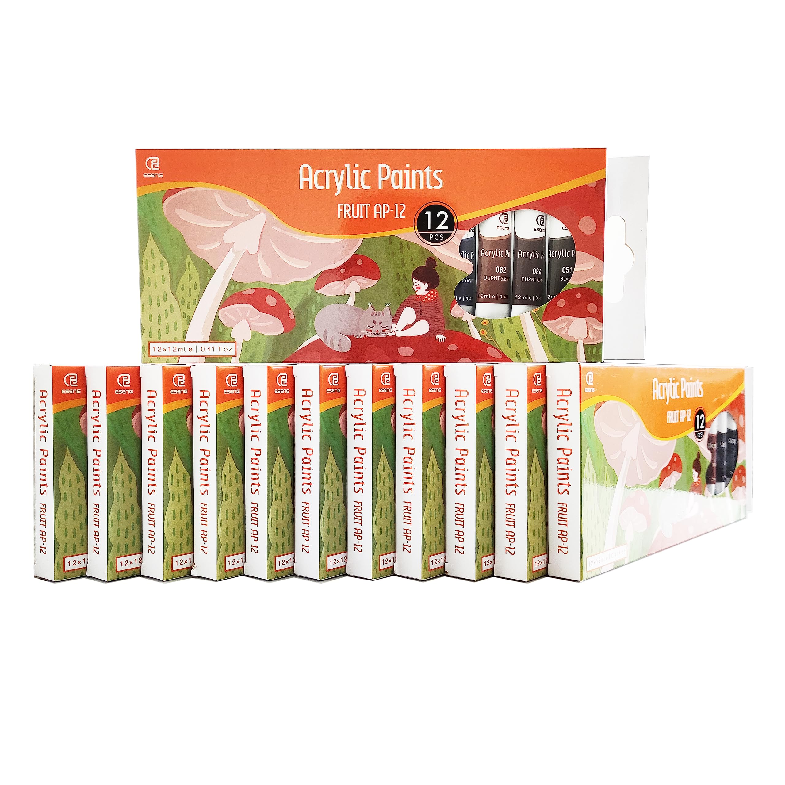 ESENG® Premium Acrylfarben Fruit AP-12, Set 12 Tuben x 12ml, Farbe für Holz, Leinwände und Keilrahmen, Perfekt geeignet für Anfänger, Bastler, Profis und Künstler (12er Pack)