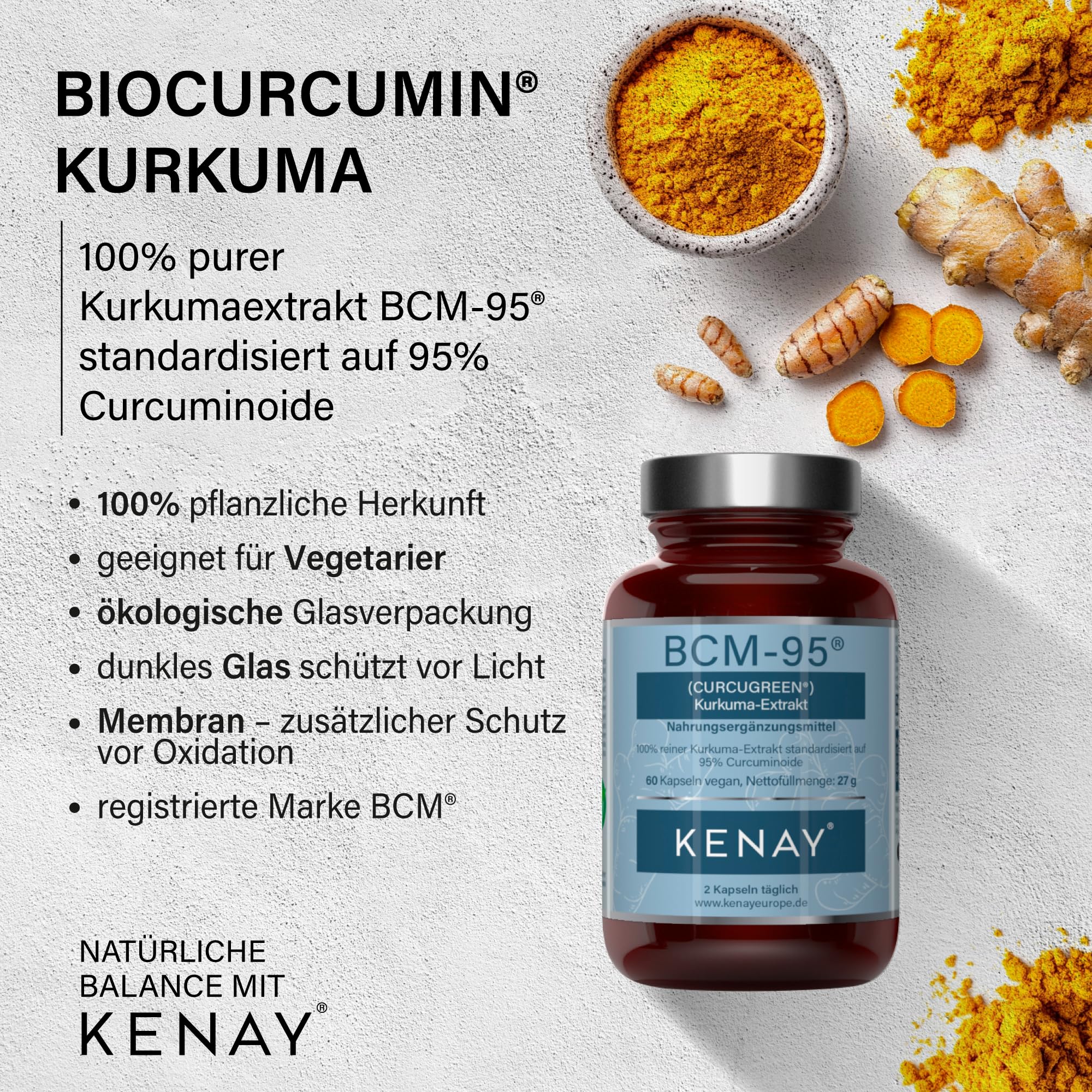 BCM-95® (Curcugreen®) Kurkuma-Extrakt - 750mg pro Tagesdosis - pflanzliche Kapsel - Vegan - Ohne Magnesiumstearat - 60 Kapseln KENAY EUROPE