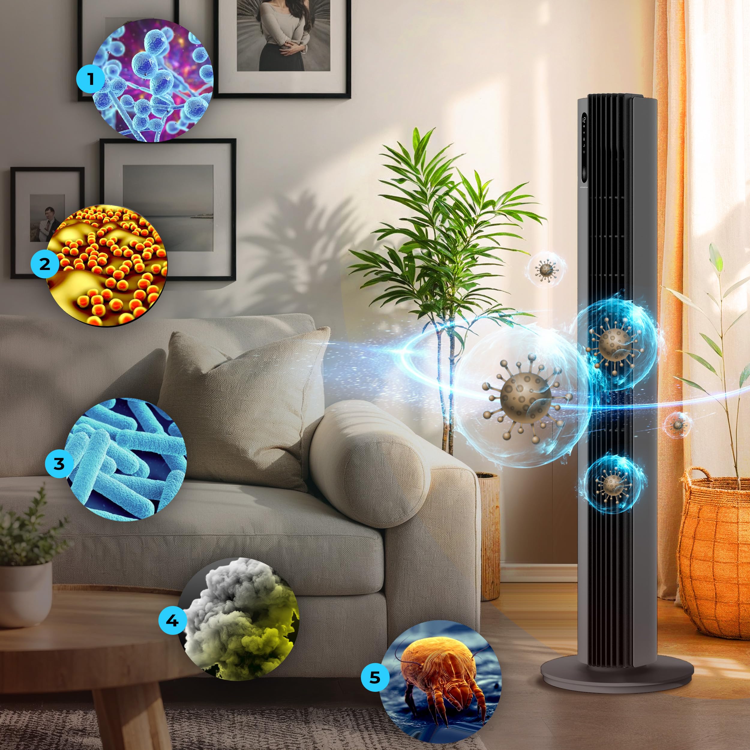 Turmventilator 110 cm PURE Plasma Ionisierung WiFi Tuya Smart Life, Energiesparender 30W DC-Motor, 12 Stufen, Timer, Standventilator sehr leise Ventilator mit Fernbedienung, Tower Fan Grau