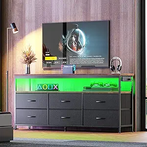 Huuger LED TV Stand for Bedroom, 55 Inch Fabric Dresser with Power Outlets, Entertainment Center for 60, 55 Inch TV, 6 Drawer Dresser for Bedroom, Chest of Drawers with Shlef, PU Leather, Rustic Brown