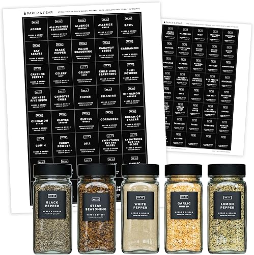 Paper & Pear - Etiquetas de especias blancas de bloque moderno (sin tarros) Etiquetas de despensa de cocina resistentes al aceite Etiquetas