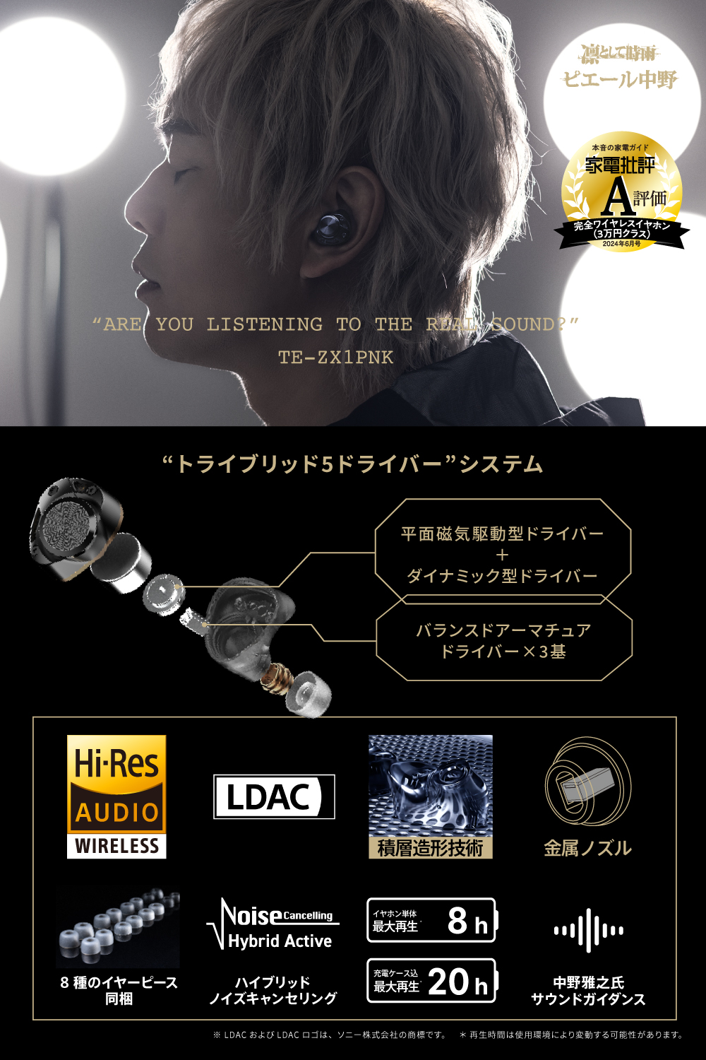 AVIOT TE-ZX1-PNK ピヤホン7 ワイヤレスイヤホン ハイブリッド 