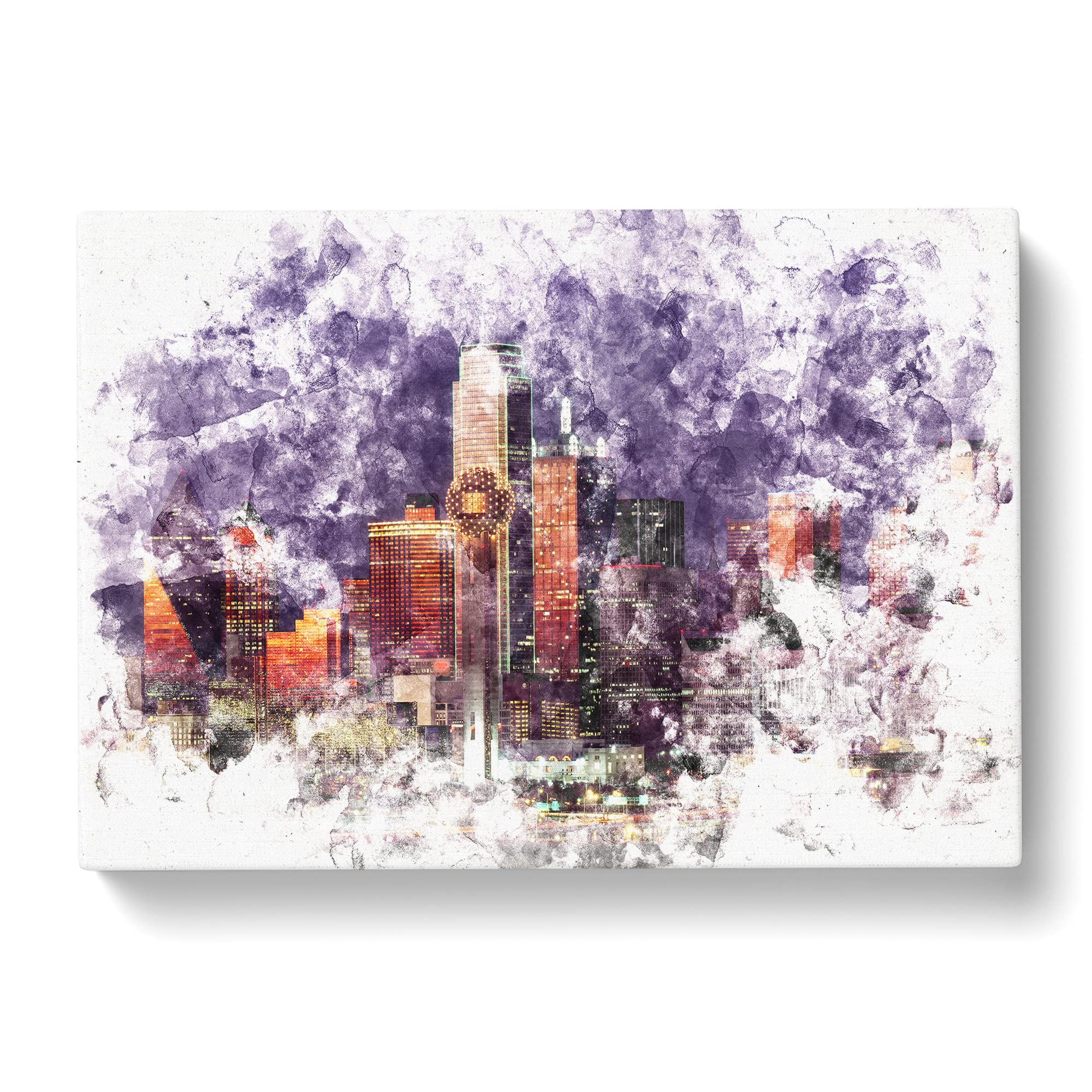 Dallas Texas Skyline At Dusk Watercolour Canvas Print, Mixed, 25L x 50W cm - Image 3
