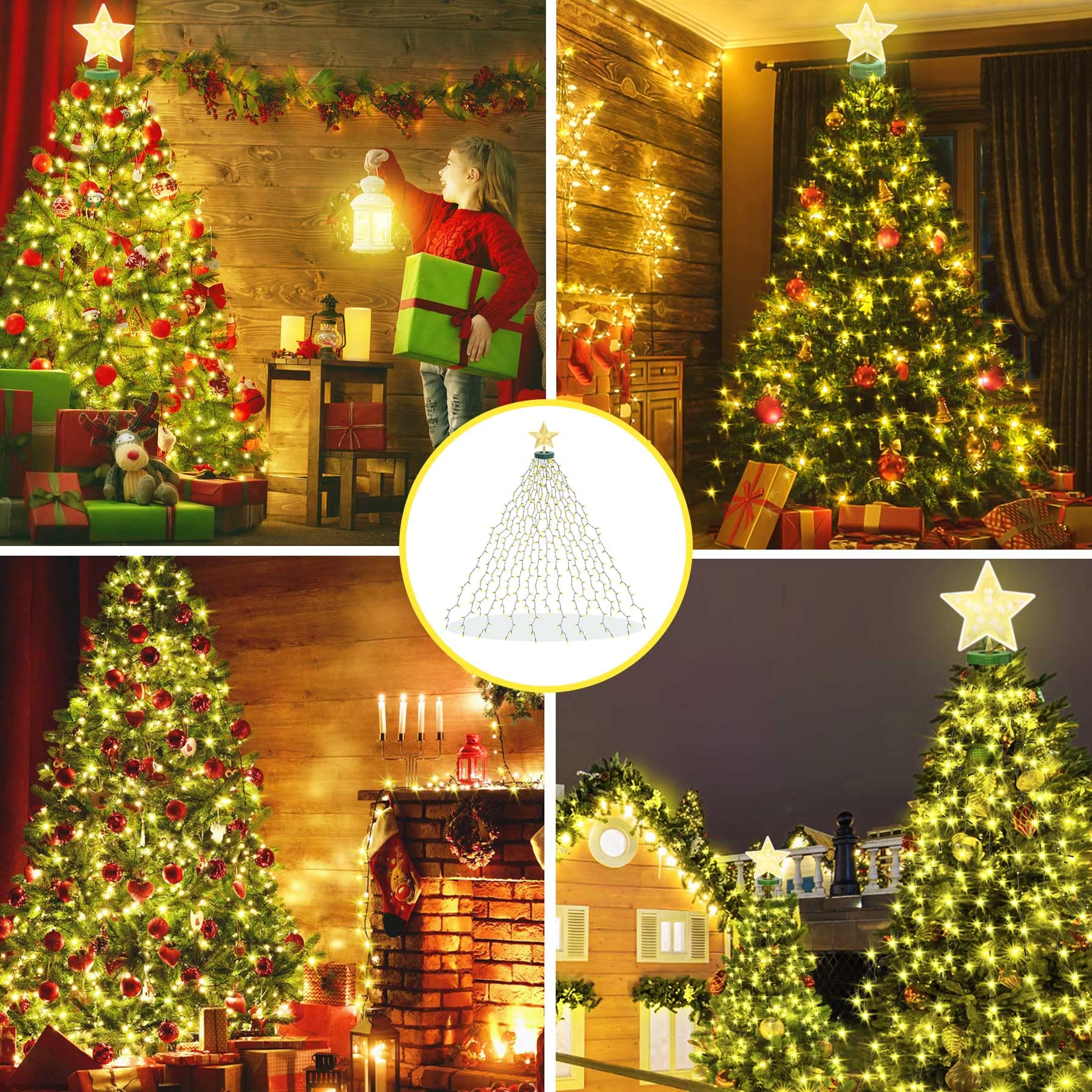 aneeway 410 LEDs Natale Luci Stelline, Telecomando Catena Luminosa Stelle Luce Stringa Interni Esterni Per Albero di Natale di 1,5-2,4 m Salotto Giardino Feste Natale Matrimonio, Bianco Caldo