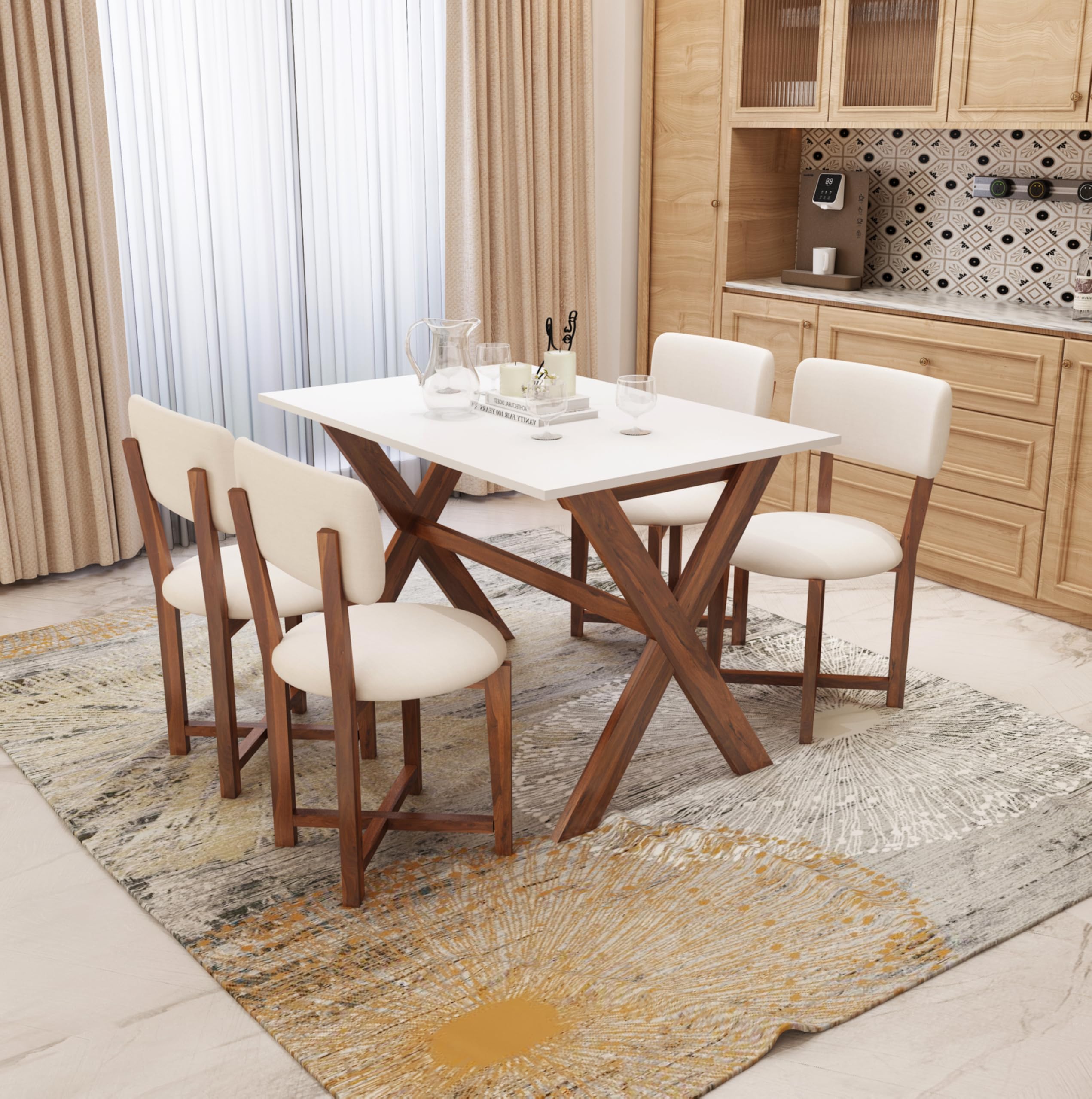 Sheesham Wood 45" Inch Dining Table 4 Seater | Marble Finish Four Seater Dinning Table Set with 4 Upholstered Dining Chairs | Table: Criss Cross Design | Chair: Premium Round Edge | Rosewood, Honey