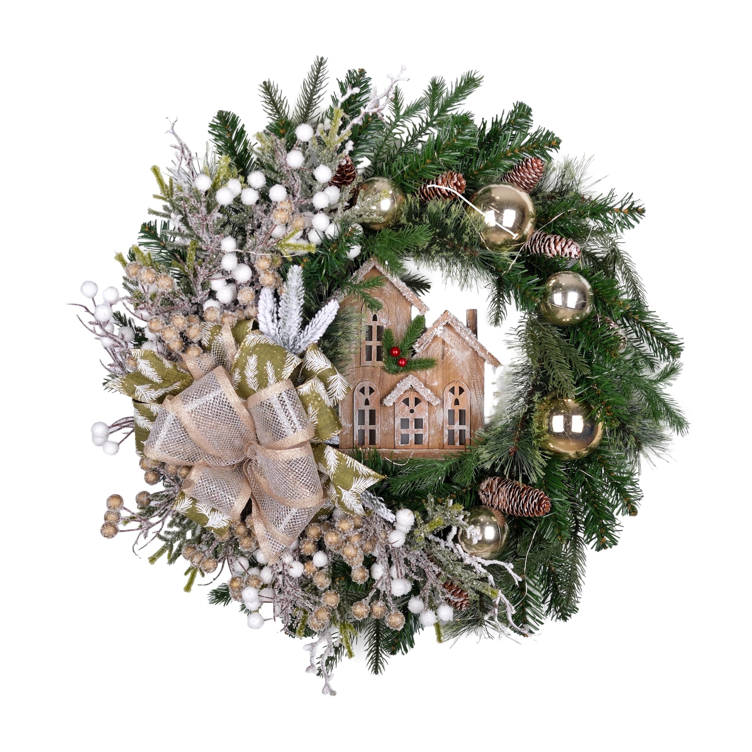 28 Inch Lighted Christmas Wreath for Front Door with Wood House Ornament Bow Berry, Christmas Wreath Decoration for Home Door Porch Wall Indoor/Outdoor