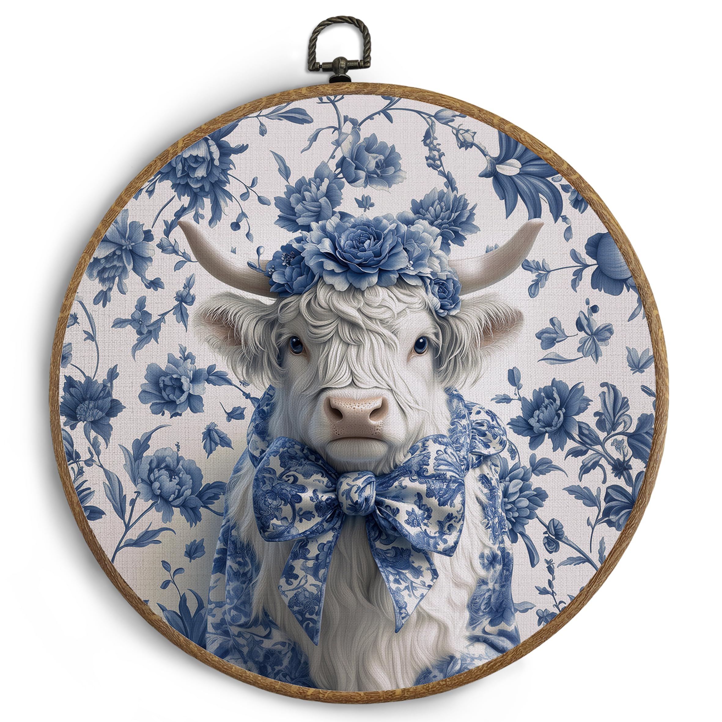 KTYHD Chinoiserie Cow Bow Round Wall Art, Cow Gifts for Cow Lovers, Vintage Western Cow Canvas Wall Art, Blue and White Chinoiserie Floral Textile Wall Art Decor for Home Office
