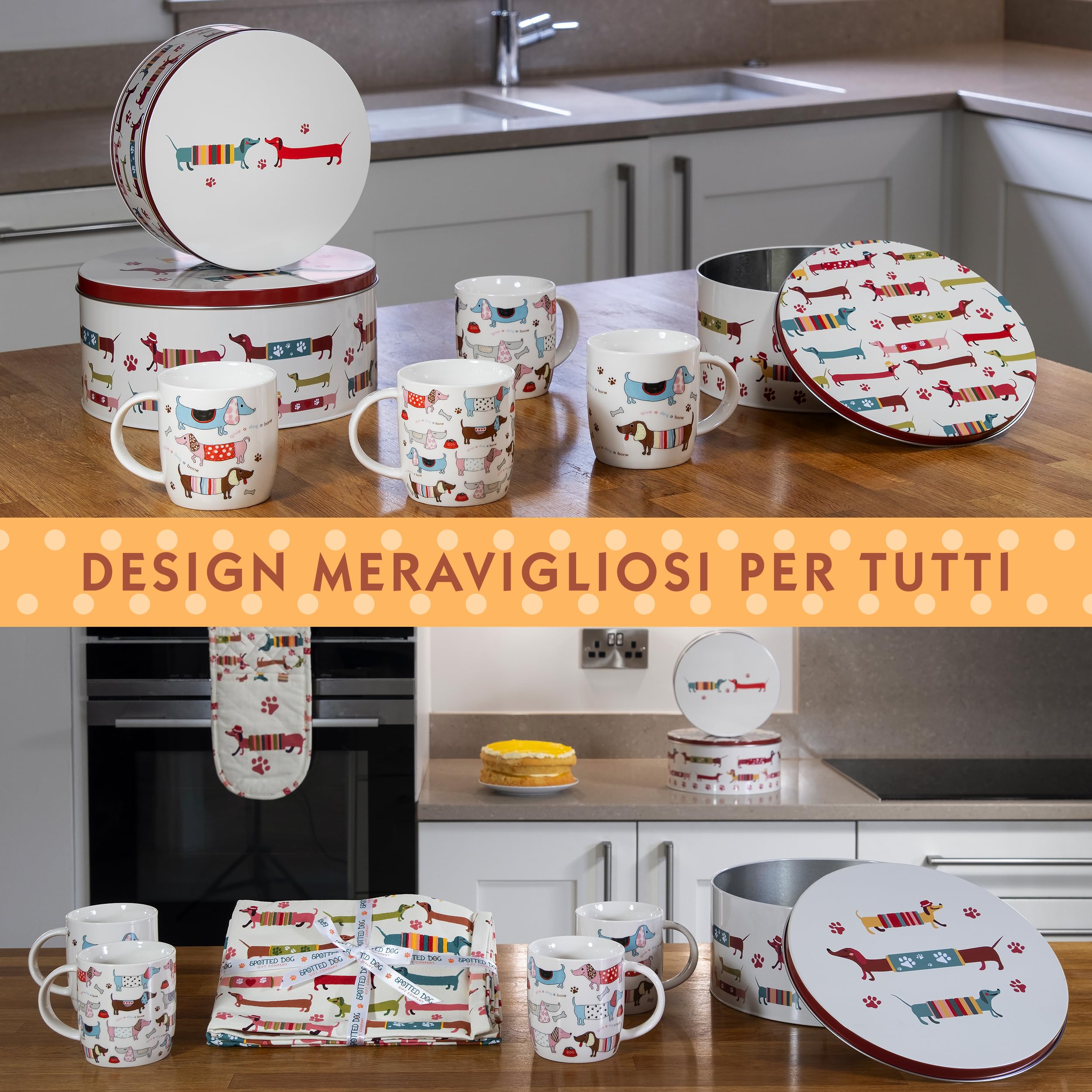 SPOTTED DOG GIFT COMPANY Set di 3 Scatole di Latta, Contenitori Impilabili per Biscotti in Metallo, Barattoli di Latta Rotondi Ermetici per Conservare Torte e Alimenti, Piccola Media Grande - Bassotti