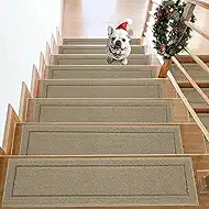 Non-Slip Stair Treads for Wooden Steps Indoor, 15 Pack 8" X 30" Edging Stair Rugs with TPE Backing, 0.4" Thick Carpet Stair Treads for Kids Elders & Pets, 100% Polyester Soft Stair Runners, Beige