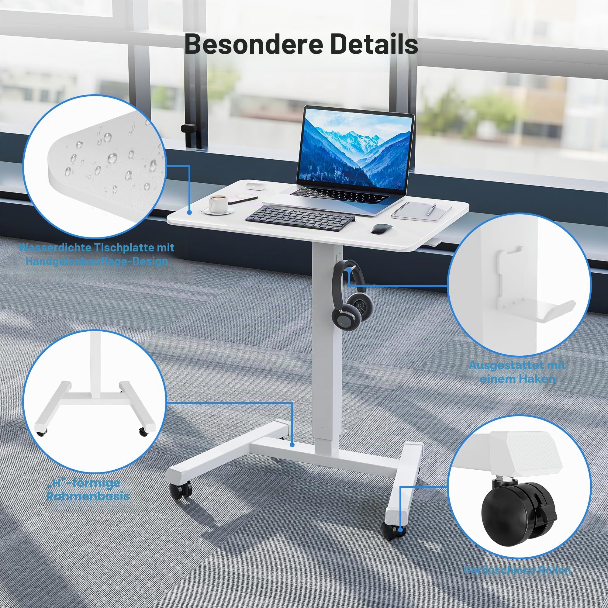 BONTEC 65×45cm Stehpult Höhenverstellbarer Stehtisch mit 4 Rollen, Steh-Sitz Schreibtisch mit Rädern, Überbett-Tisch für Wohnzimmer, laptoptisch höhenverstellbar, Max 15KG, Weiß
