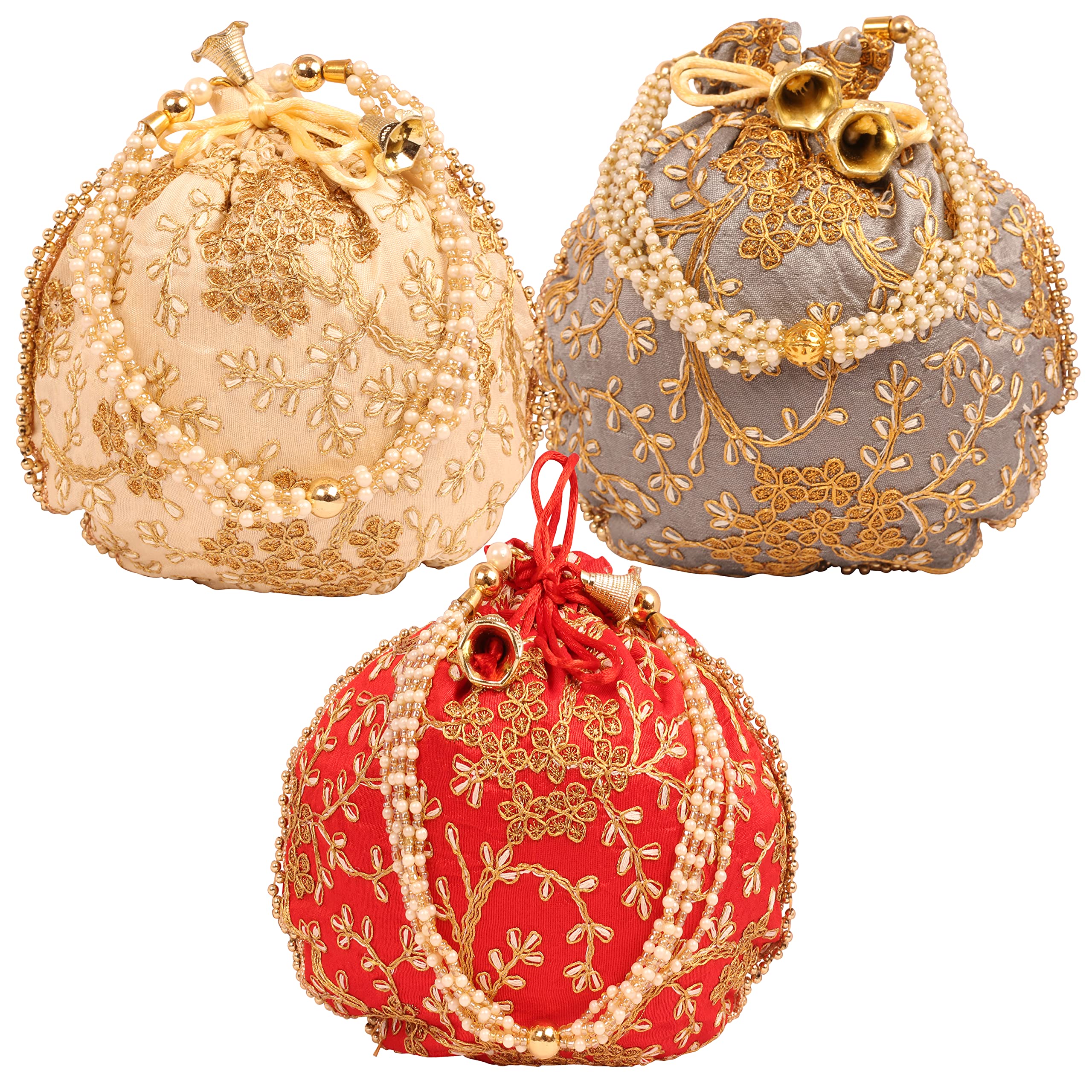 Touchstone Traditional Indian Hand Embroidered Shopping Gifts Jewelry Wedding Faux Pearls Strings Drawstring Bag for Women.