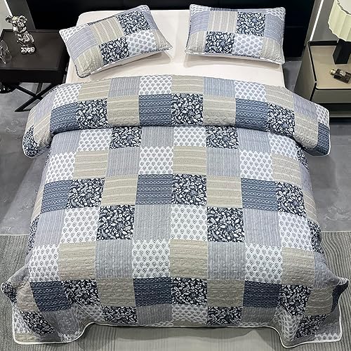 Miniatura 4 de VIVILINEN Juego de edredón de tamaño King, juego de colcha acolchada floral gris, 3 piezas, ligero, reversible, juego de ropa de cama cosida, manta