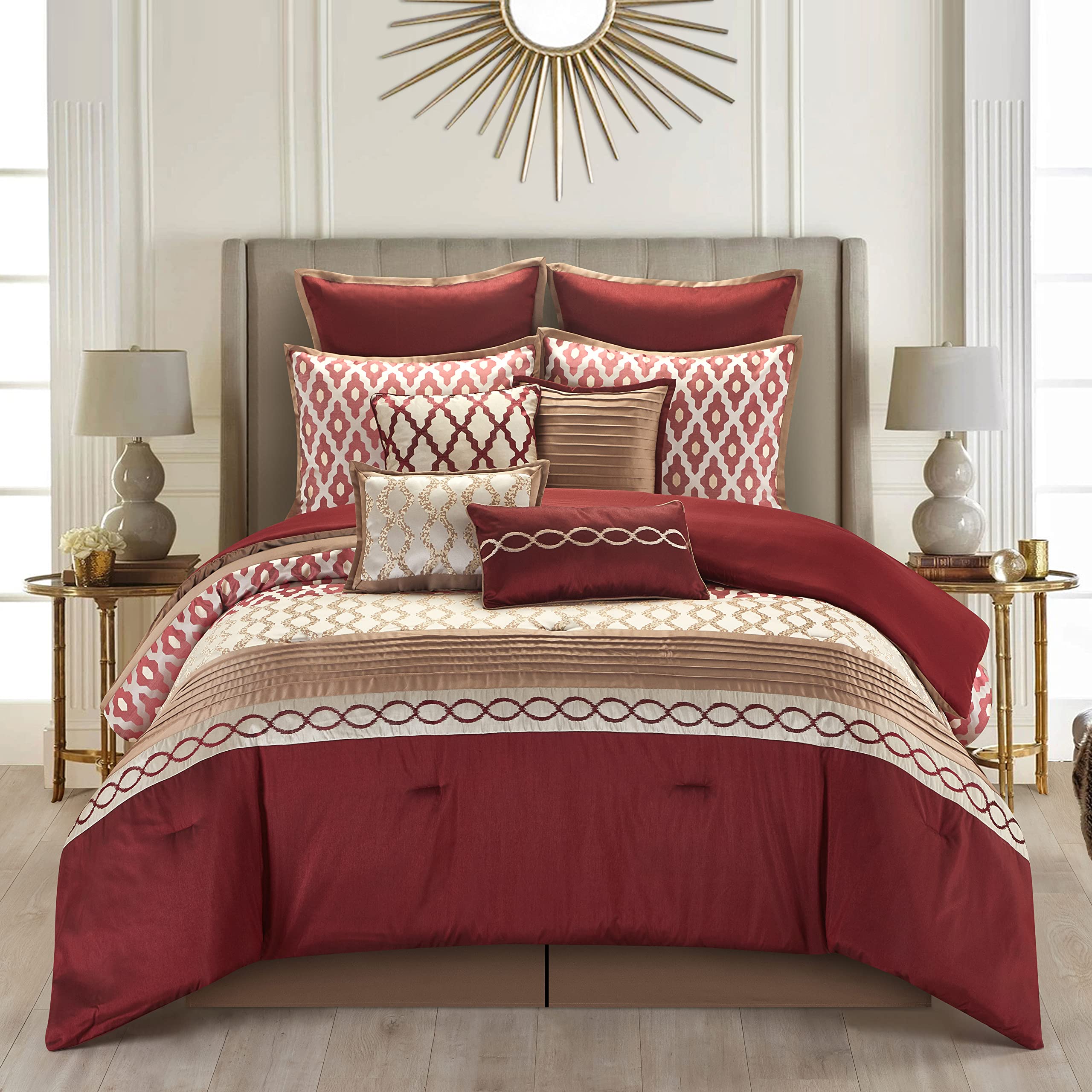 Grand Avenue Burgundy King Size Comforter Set, 10 Piece, Jacquard Home Decor, Premium Lightweight Microfiber, Bedskirt, Pillows & Shams