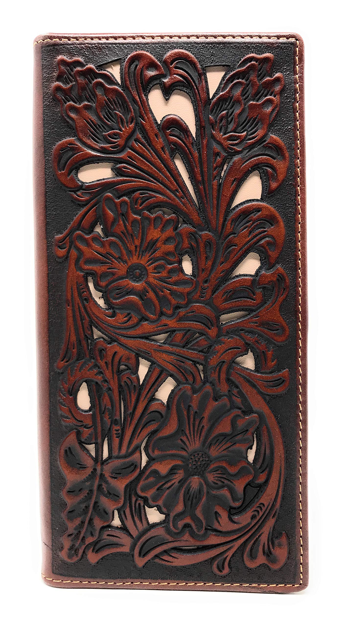 Western Genuine Leather Tooled Laser Cut Men's Long Bifold Wallet in 3 colors (Coffee/Beige) Coffee/Beige