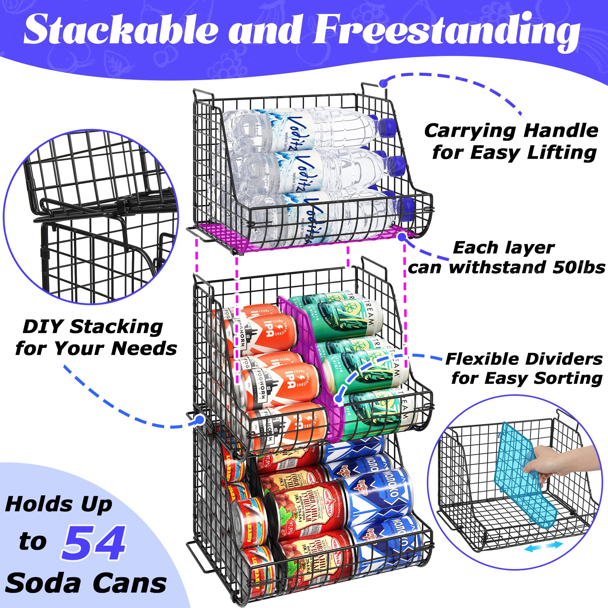 Dispensadores de latas apilables de 3 niveles con 3 divisores, organizador grande de latas de despensa, soporte para botellas de agua de pie, cesta de almacenamiento de latas de refrescos para