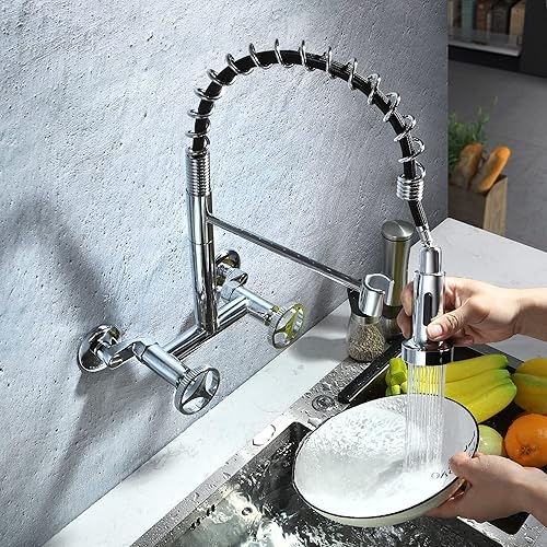 Miniatura 2 de Grifo de cocina de montaje en pared con rociador abatible, grifo de fregadero de cocina comercial, 2 manijas, giratorio de 360, grifo montado en la